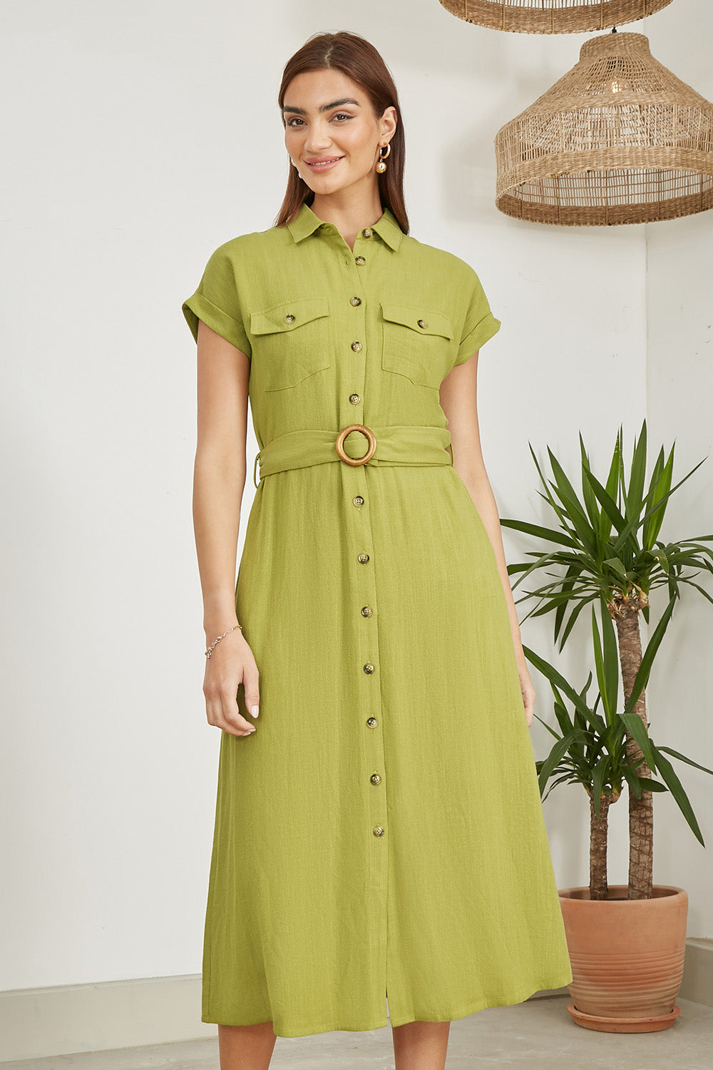 Viscose Linen Look Midi Shirt Dress Wooden Belt