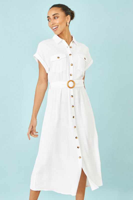 Yumi White Viscose Linen Look Midi Shirt Dress With Wooden Belt