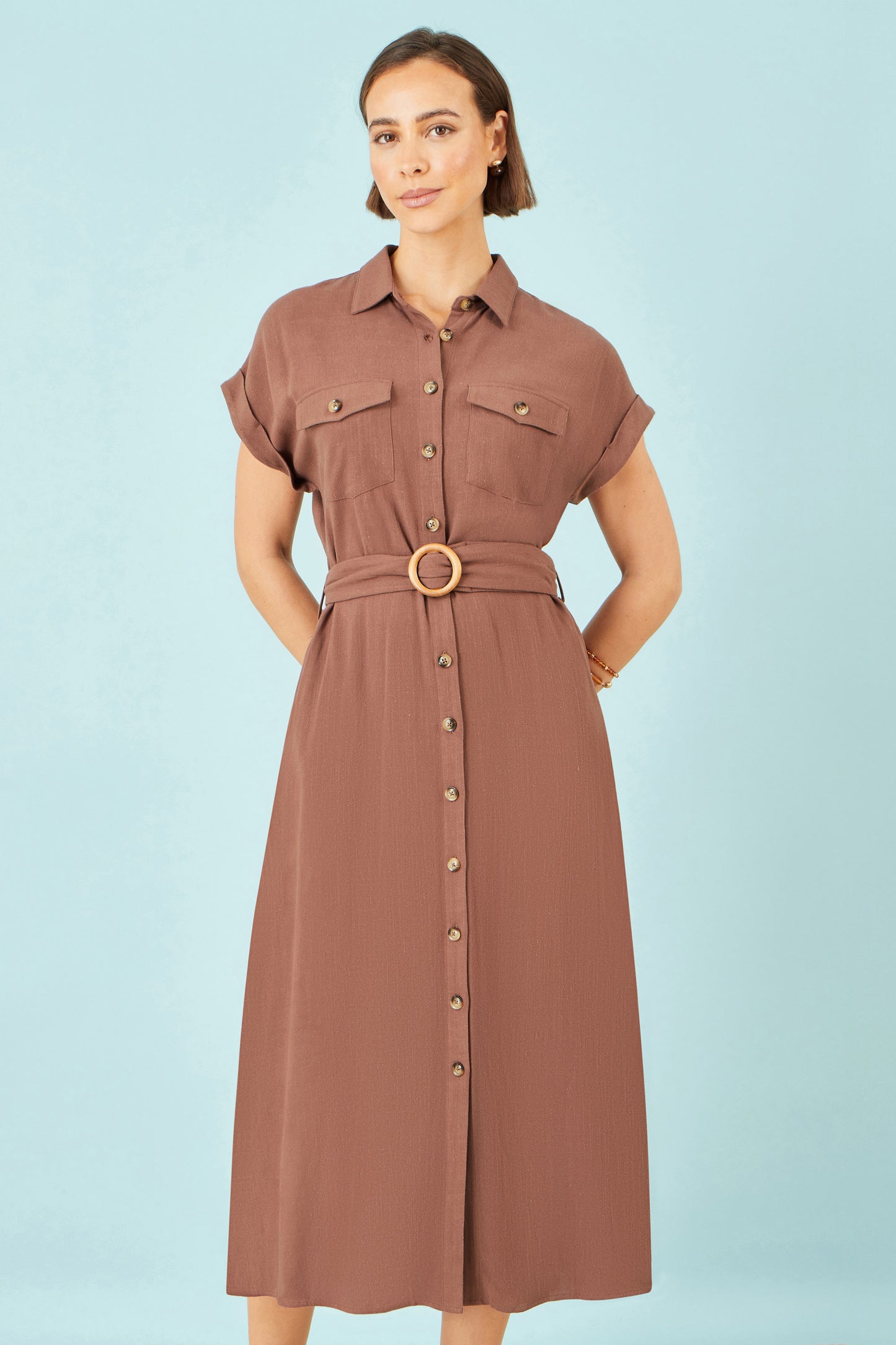 Yumi Brown Viscose Linen Look Midi Shirt Dress With Wooden Belt Dress Casual Yumi