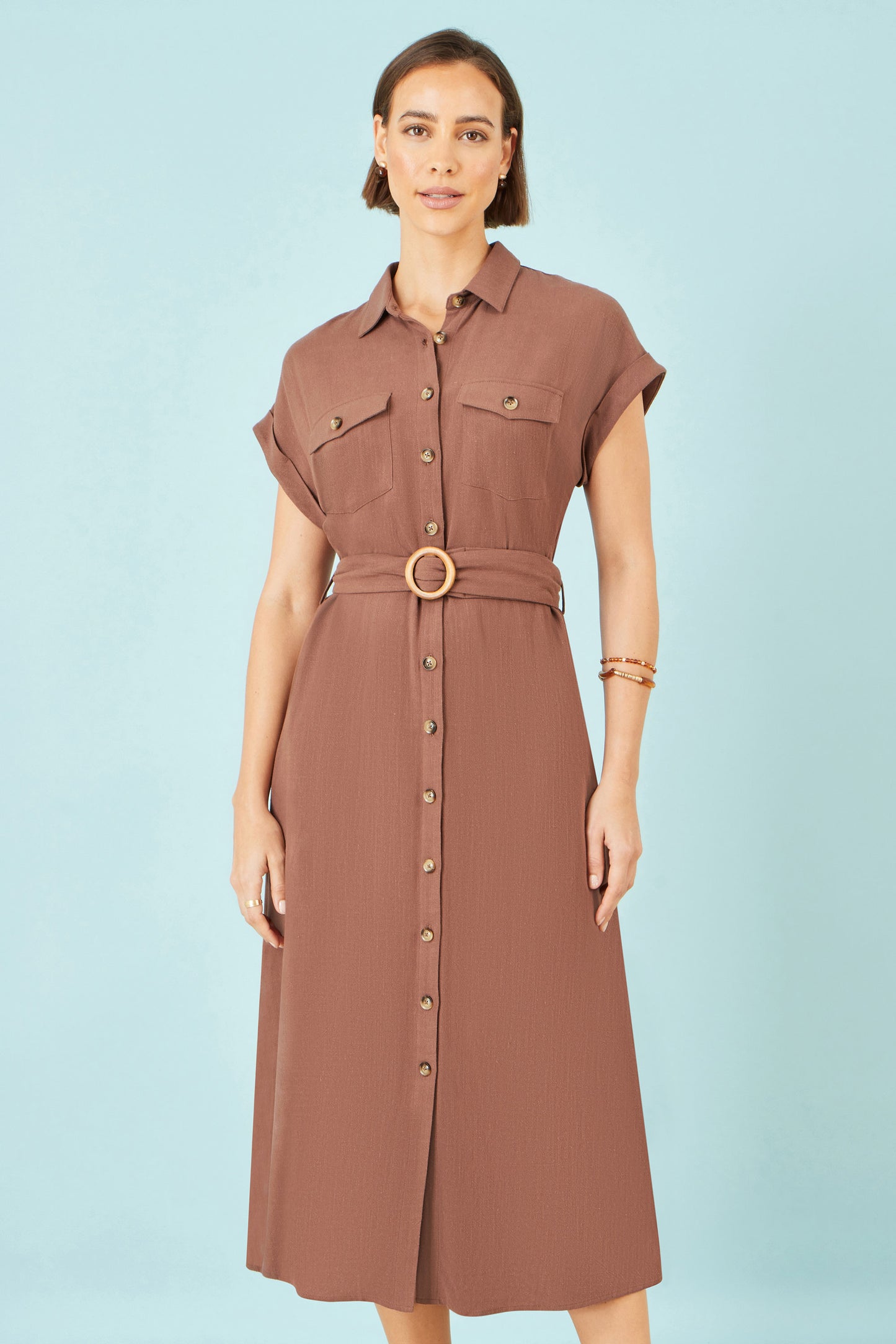 Yumi Brown Viscose Linen Look Midi Shirt Dress With Wooden Belt Dress Casual Yumi
