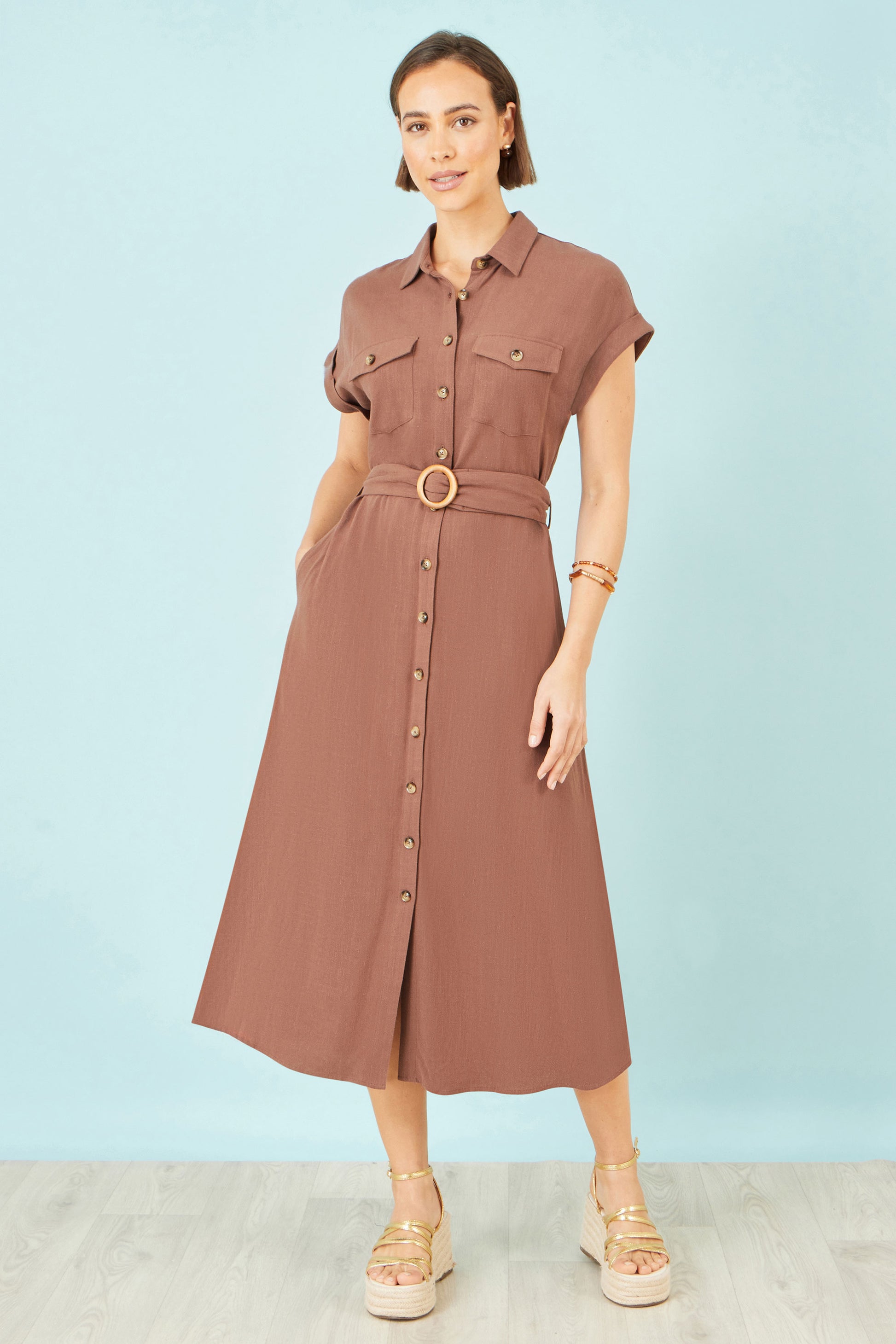 Yumi Brown Viscose Linen Look Midi Shirt Dress With Wooden Belt Dress Casual Yumi