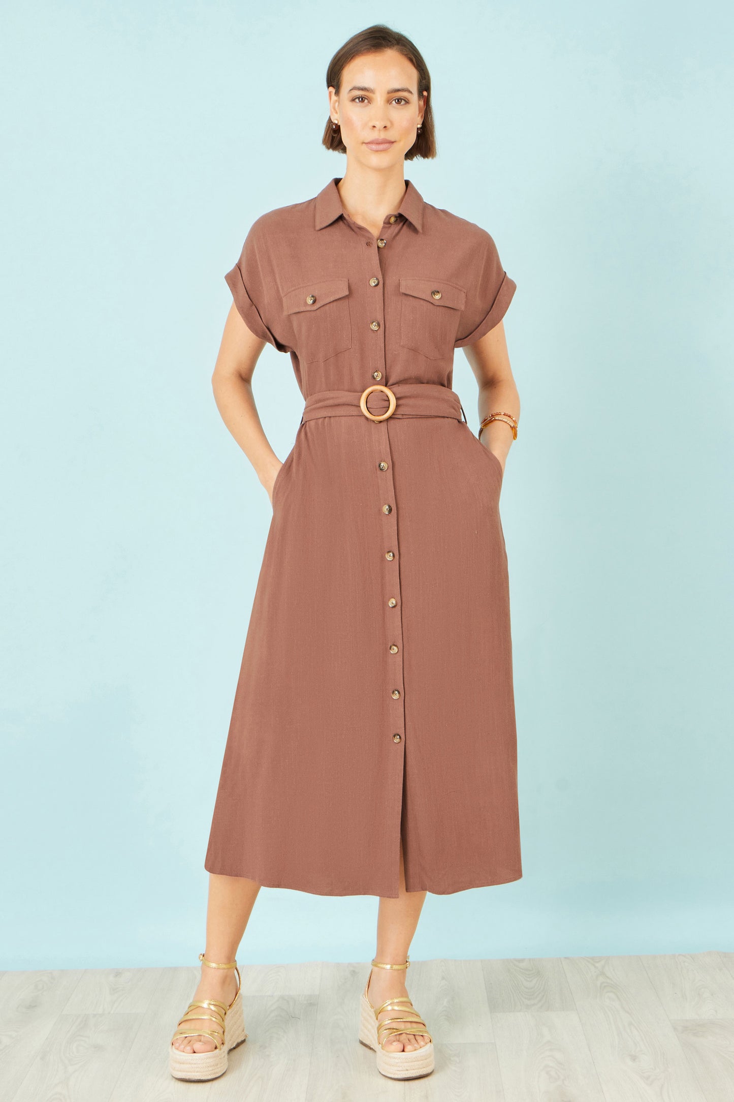 Yumi Brown Viscose Linen Look Midi Shirt Dress With Wooden Belt Dress Casual Yumi