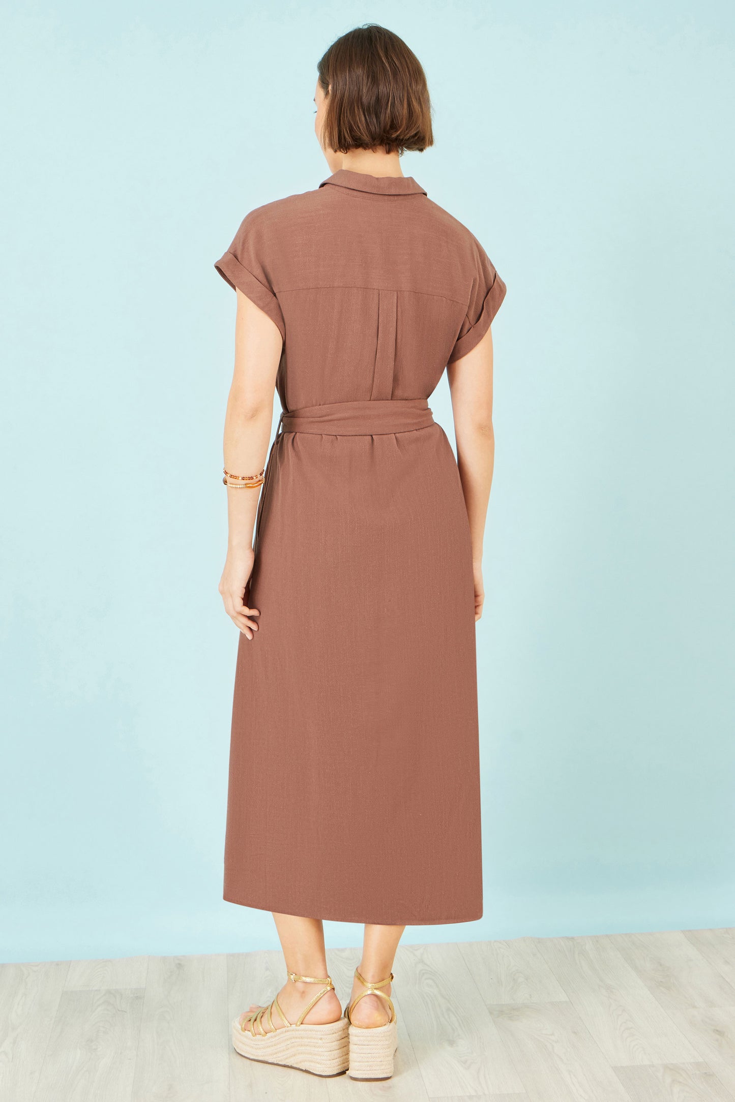 Yumi Brown Viscose Linen Look Midi Shirt Dress With Wooden Belt Dress Casual Yumi
