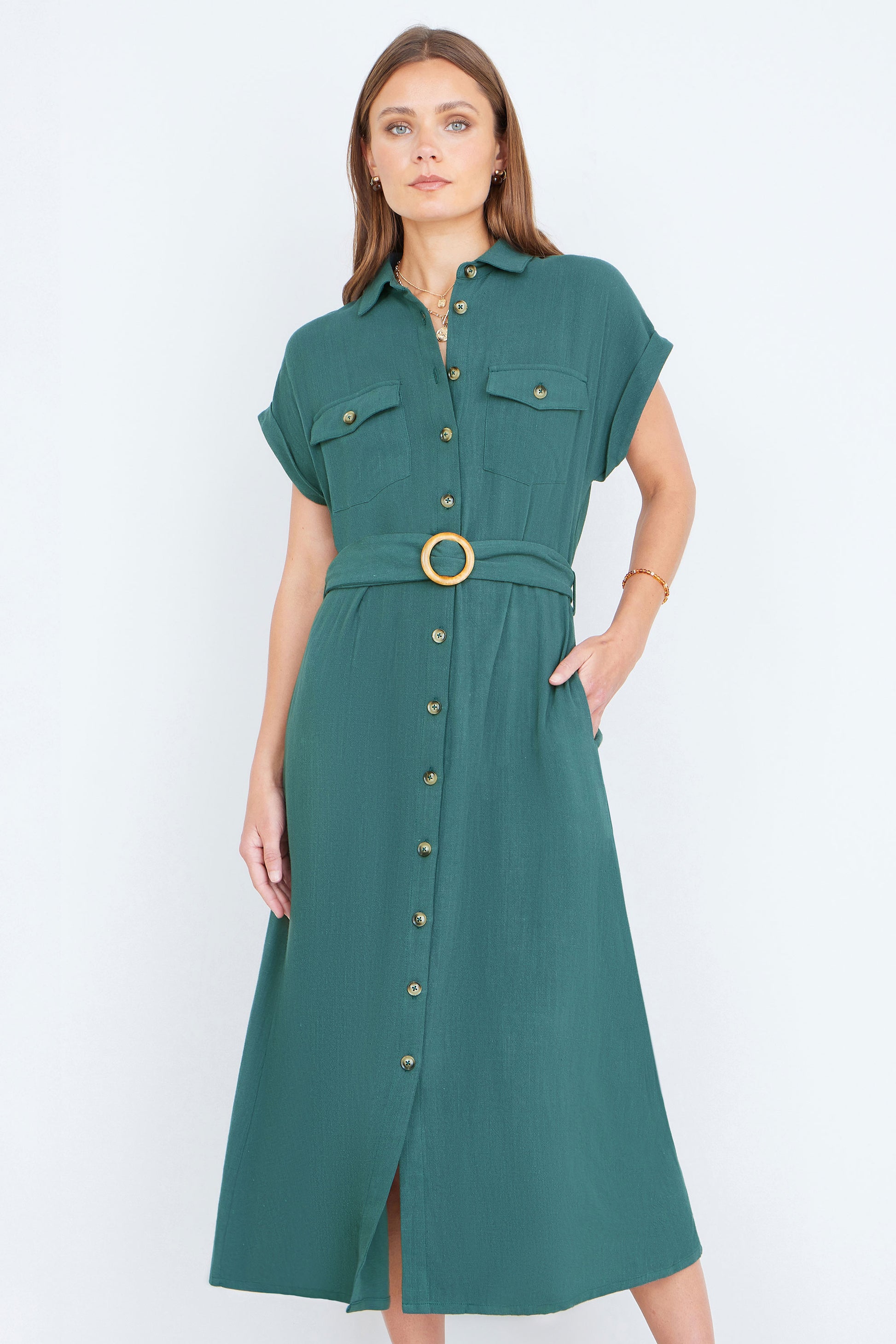 Yumi Green Viscose Linen Look Midi Shirt Dress With Wooden Belt | Yumi Yumi Green Viscose Linen Look Midi Shirt Dress With Wooden Belt | Yumi