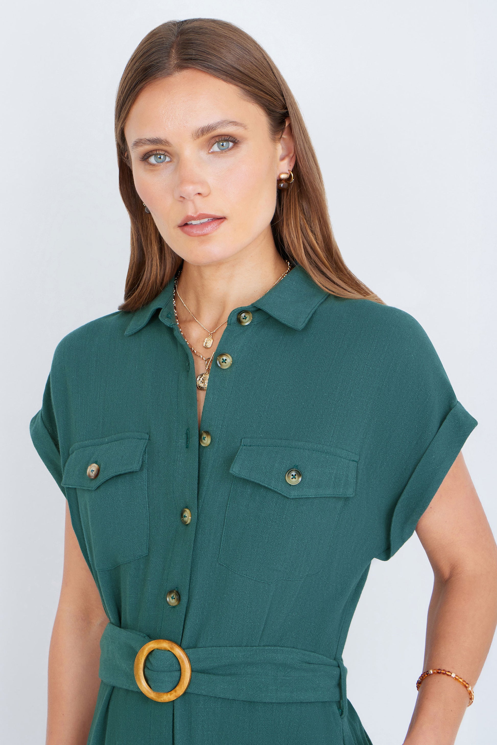 Yumi Green Viscose Linen Look Midi Shirt Dress With Wooden Belt | Yumi Yumi Green Viscose Linen Look Midi Shirt Dress With Wooden Belt | Yumi