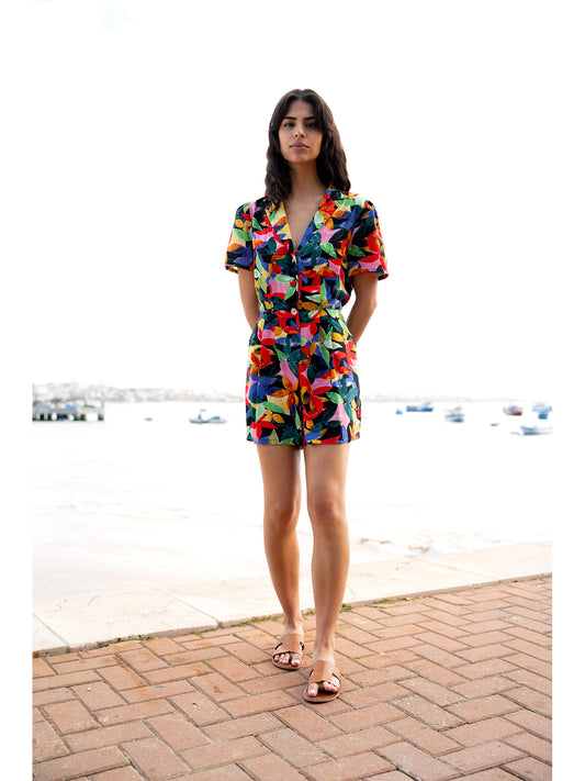 Yumi Multicolour Tropical Leaf Print Playsuit Yumi