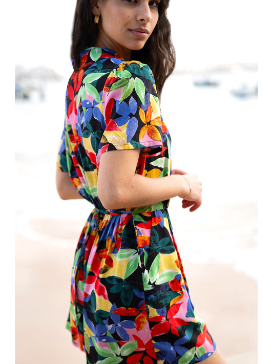 Yumi Multicolour Tropical Leaf Print Playsuit Yumi