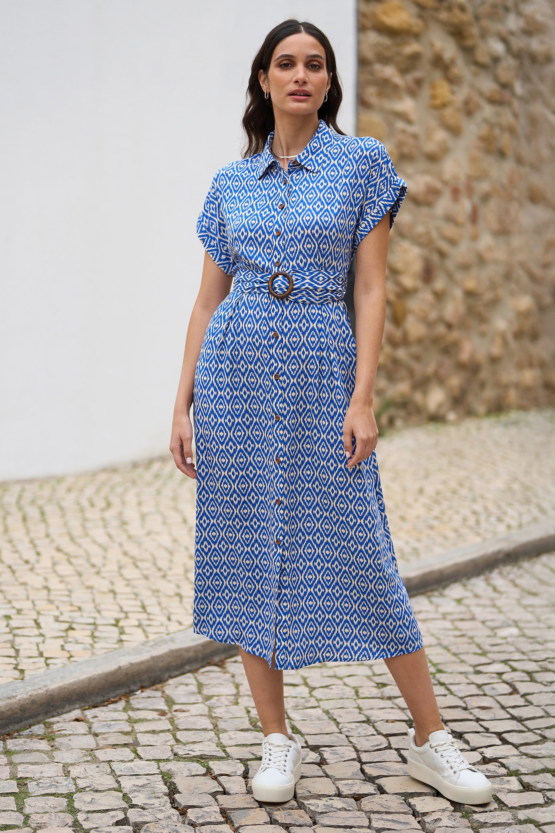 Yumi Blue Viscose Midi Shirt Dress With Matching Belt Yumi