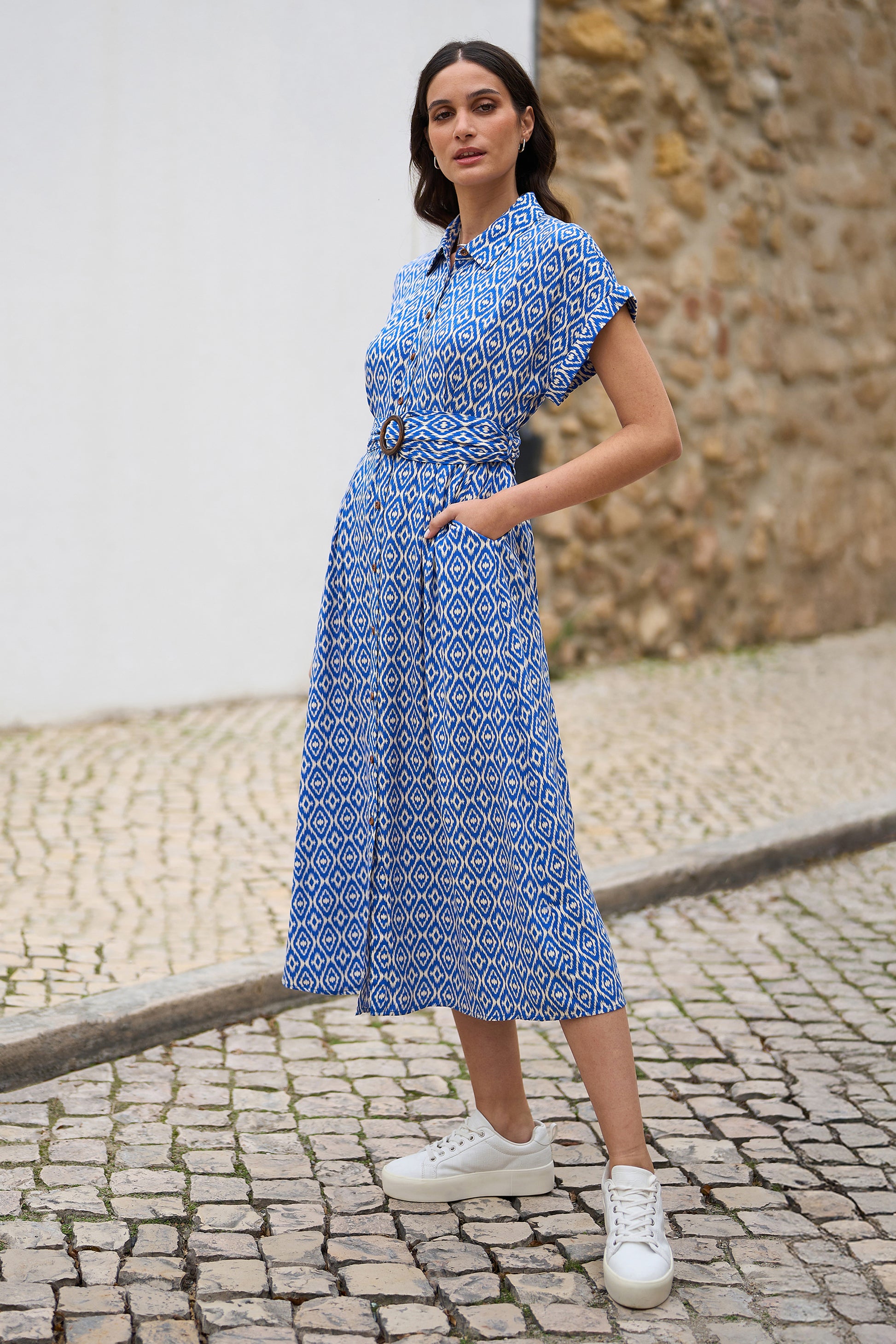 Yumi Blue Viscose Midi Shirt Dress With Matching Belt Yumi