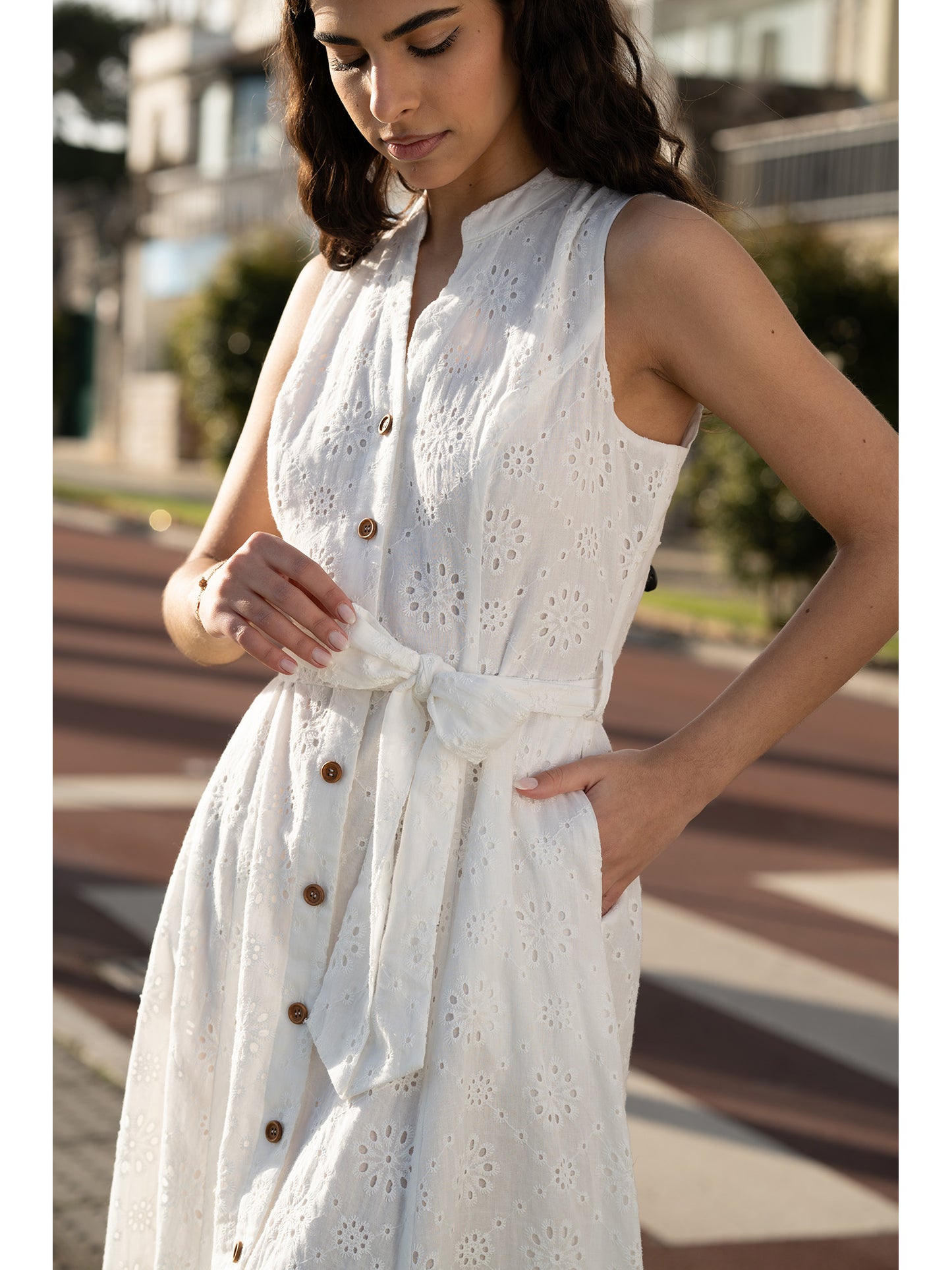 Yumi White Flower Broderie Anglaise Cotton Shirt Dress Yumi