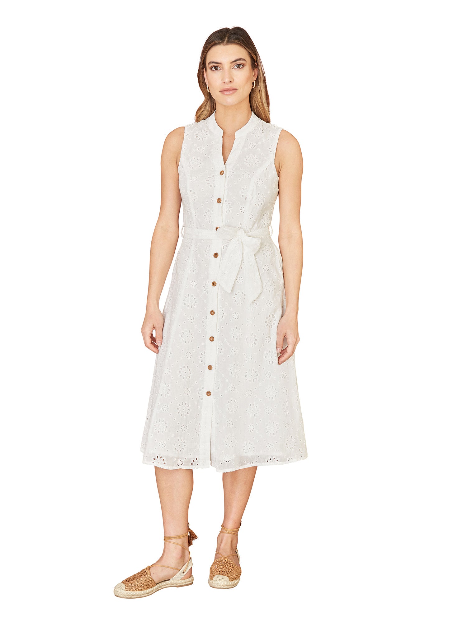 Yumi White Flower Broderie Anglaise Cotton Shirt Dress Yumi