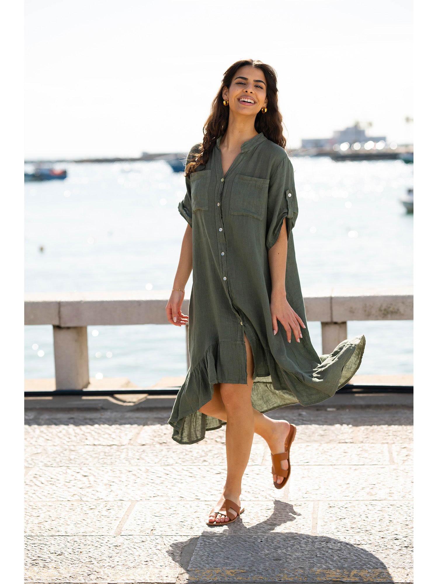 Yumi Khaki Italian Linen Shirt Dress With Frill Hem Yumi