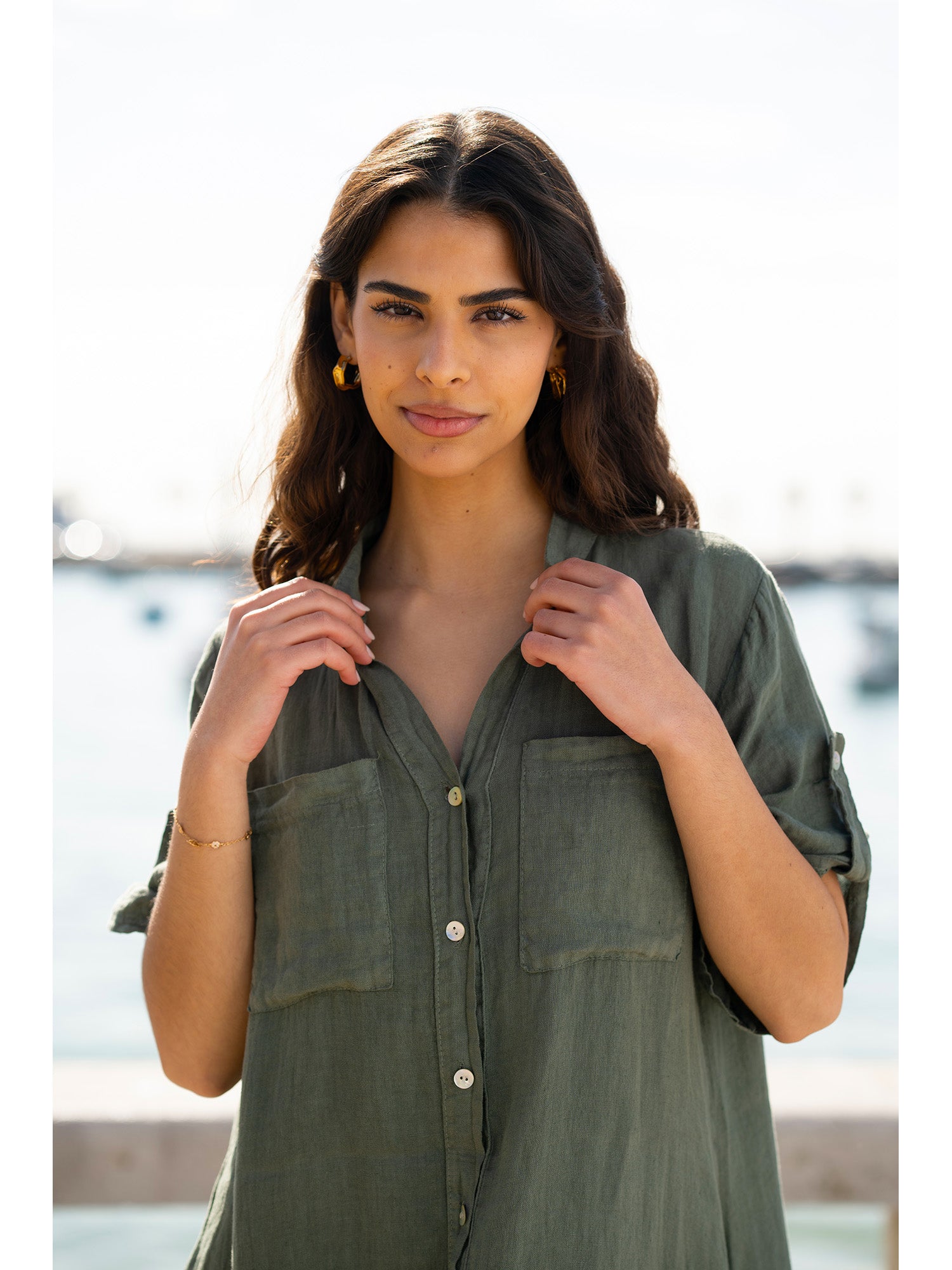 Yumi Khaki Italian Linen Shirt Dress With Frill Hem Yumi