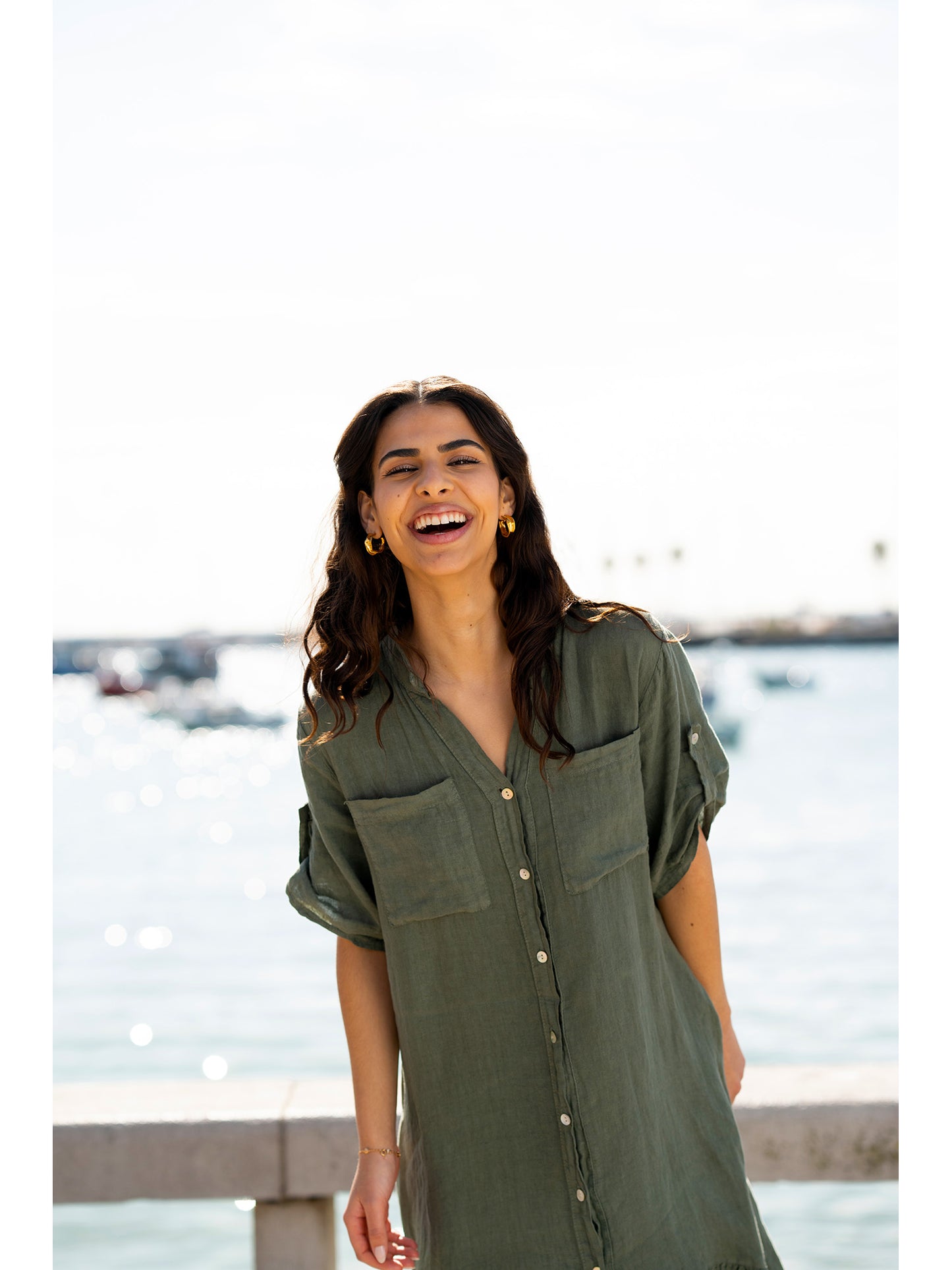 Yumi Khaki Italian Linen Shirt Dress With Frill Hem Yumi