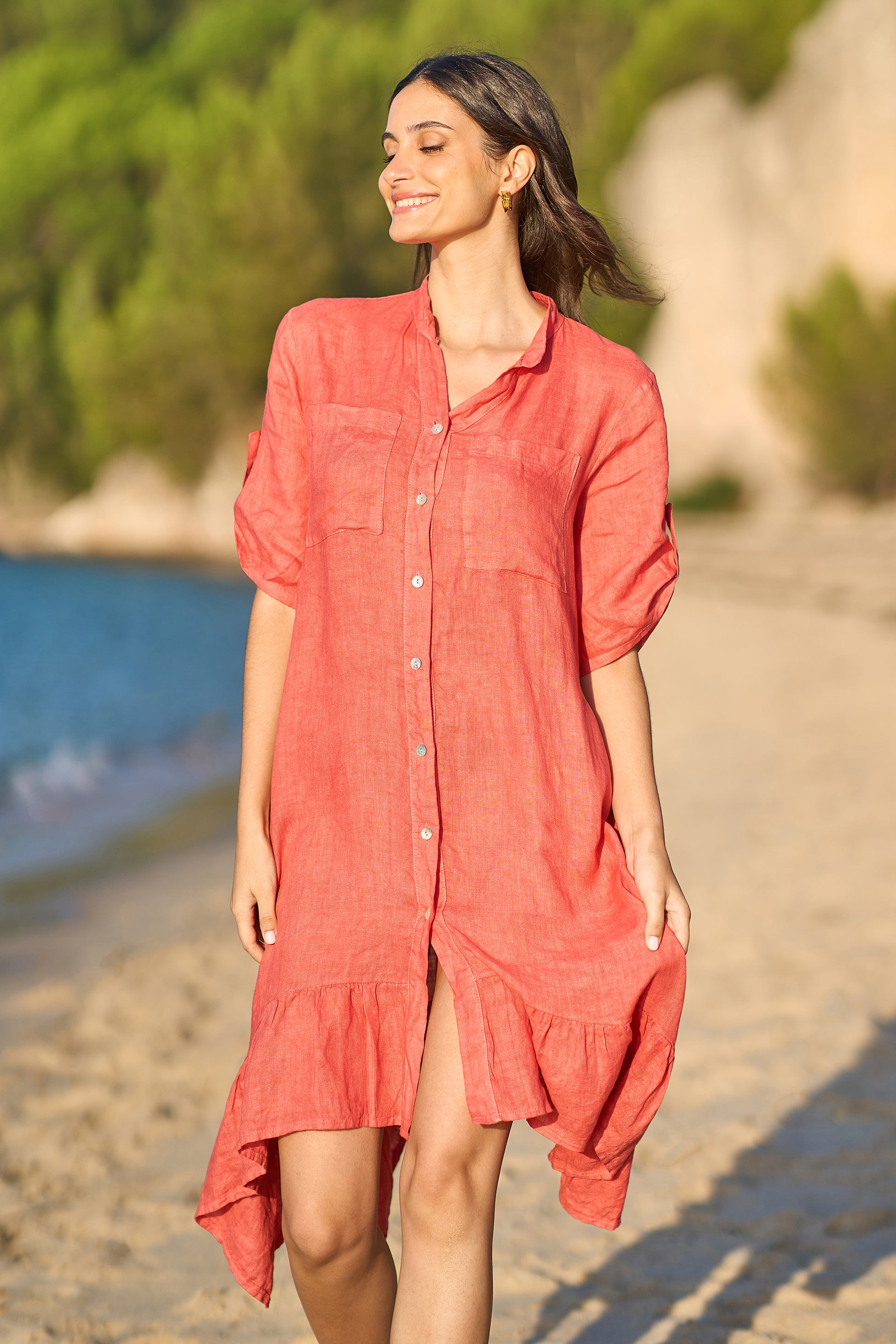 Yumi Coral Italian Linen Shirt Dress With Frill Hem Yumi