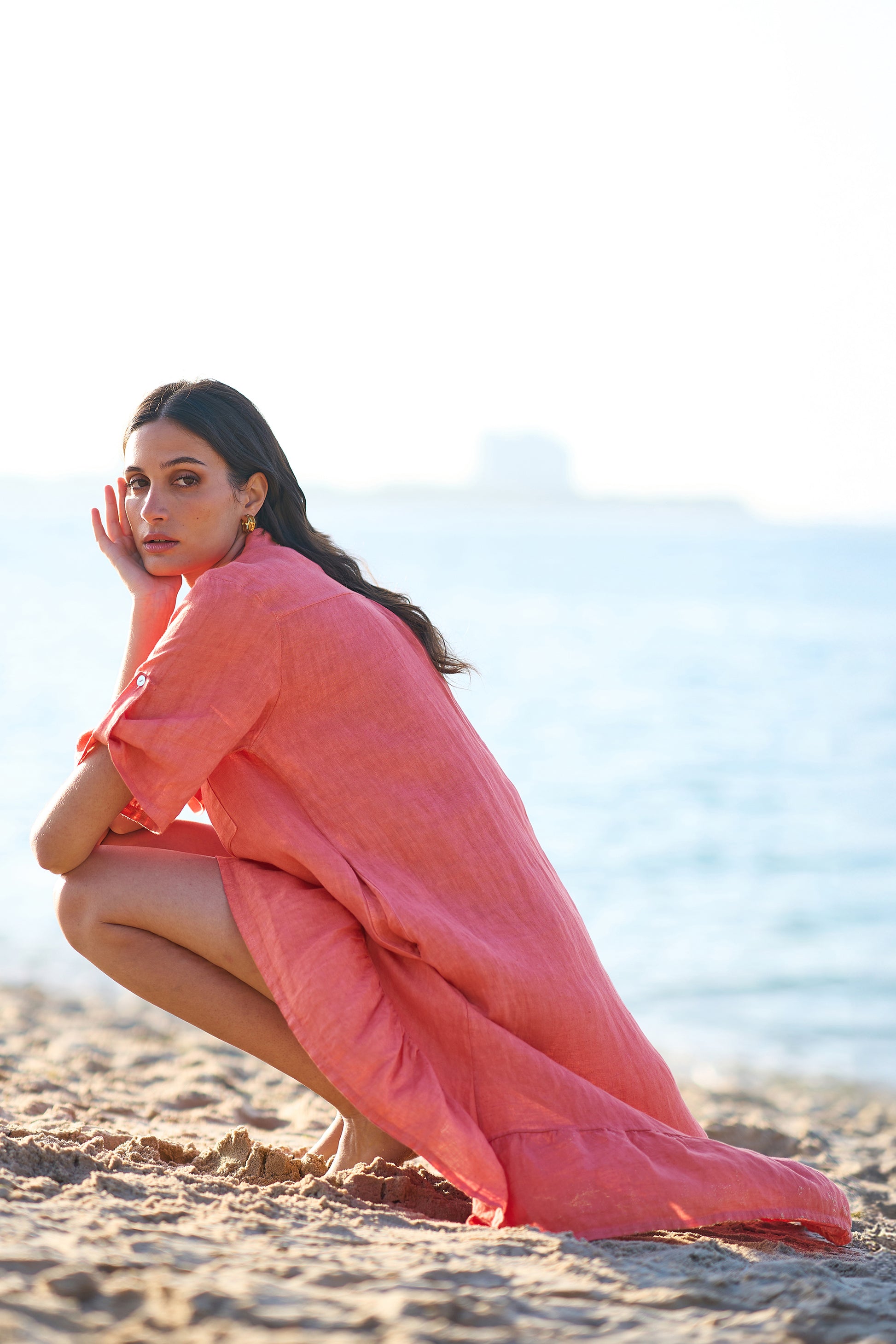 Yumi Coral Italian Linen Shirt Dress With Frill Hem | Yumi Yumi Coral Italian Linen Shirt Dress With Frill Hem | Yumi