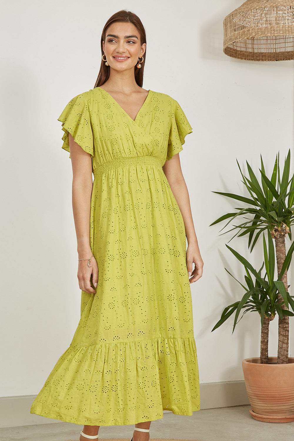 Yumi Lime Cotton Broderie Anglaise Wrap Midi Dress Occasionwear Yumi
