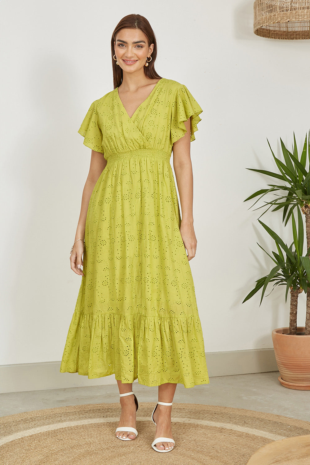 Yumi Lime Cotton Broderie Anglaise Wrap Midi Dress Occasionwear Yumi