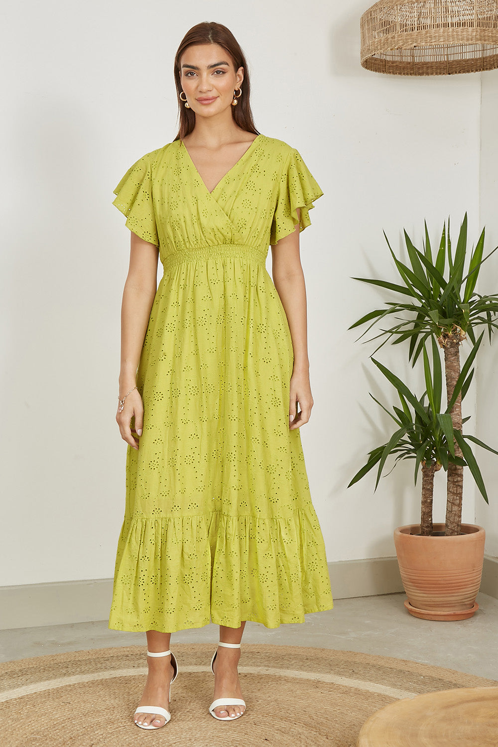 Yumi Lime Cotton Broderie Anglaise Wrap Midi Dress Occasionwear Yumi