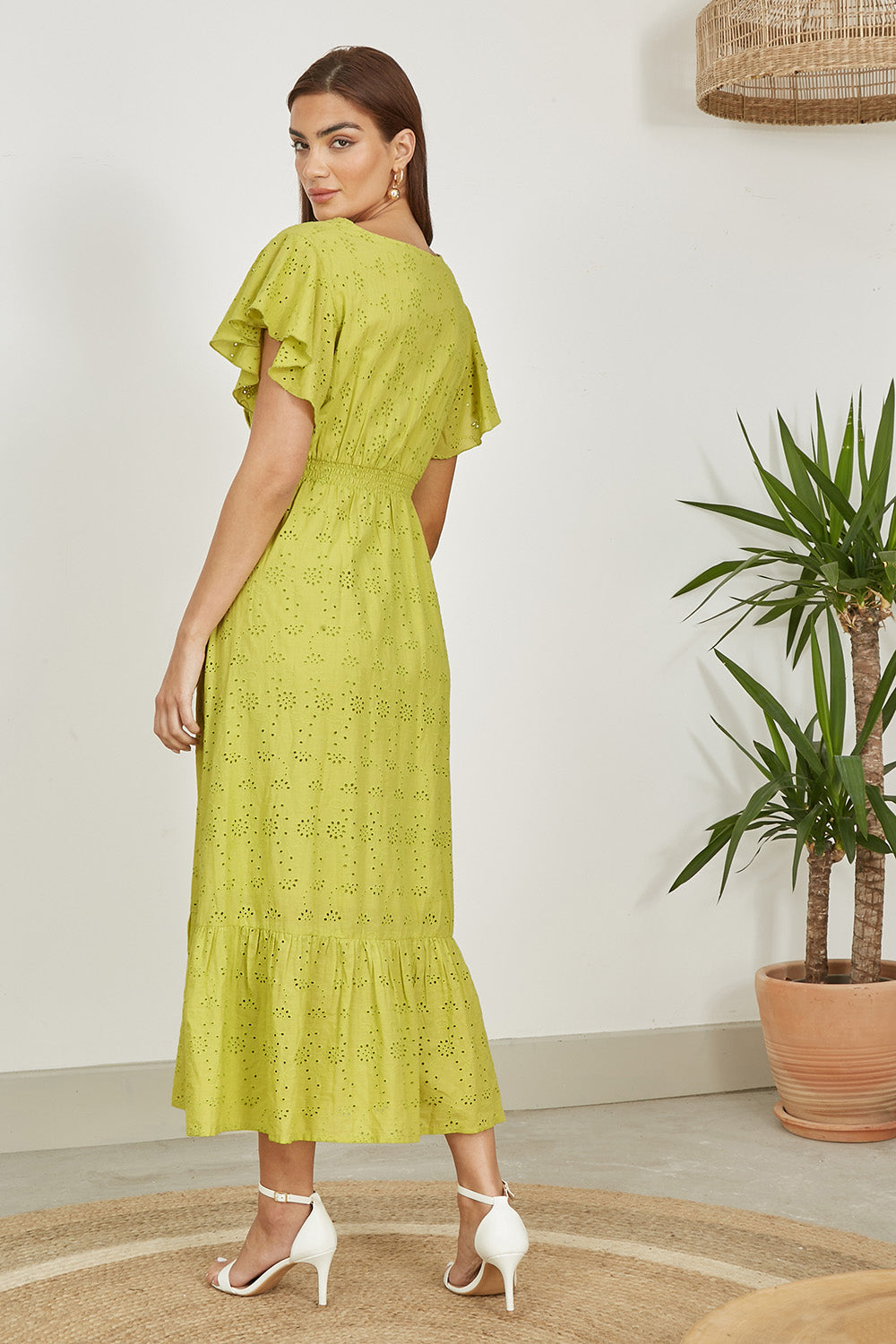 Yumi Lime Cotton Broderie Anglaise Wrap Midi Dress Occasionwear Yumi