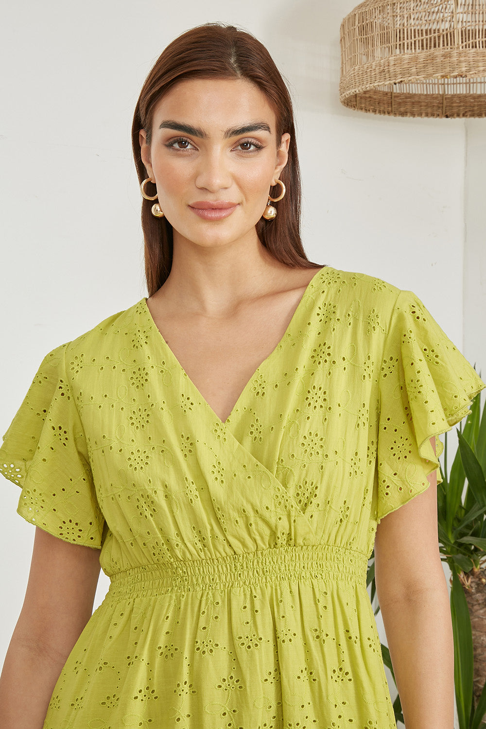 Yumi Lime Cotton Broderie Anglaise Wrap Midi Dress Occasionwear Yumi