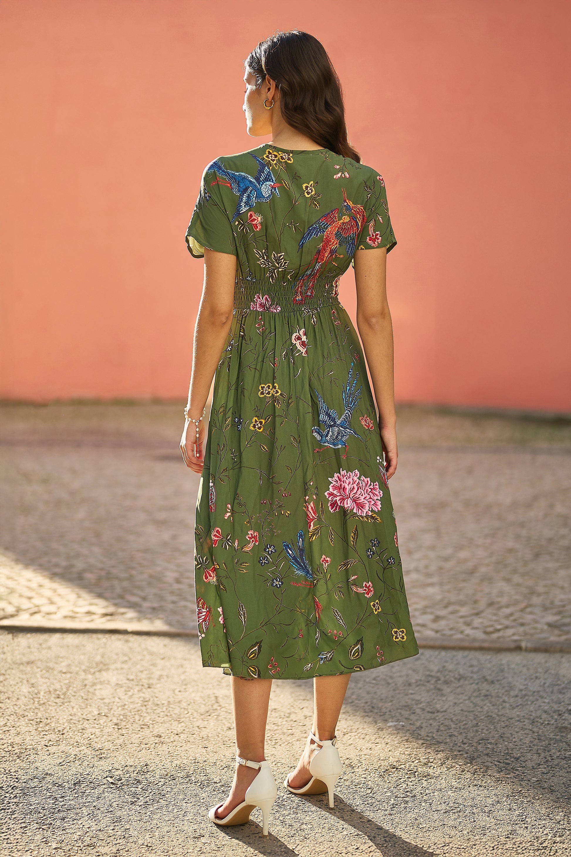Yumi Green Bird and Floral Print Ruched Waist Kimono Midi Dress | Yumi Yumi Green Bird and Floral Print Ruched Waist Kimono Midi Dress | Yumi