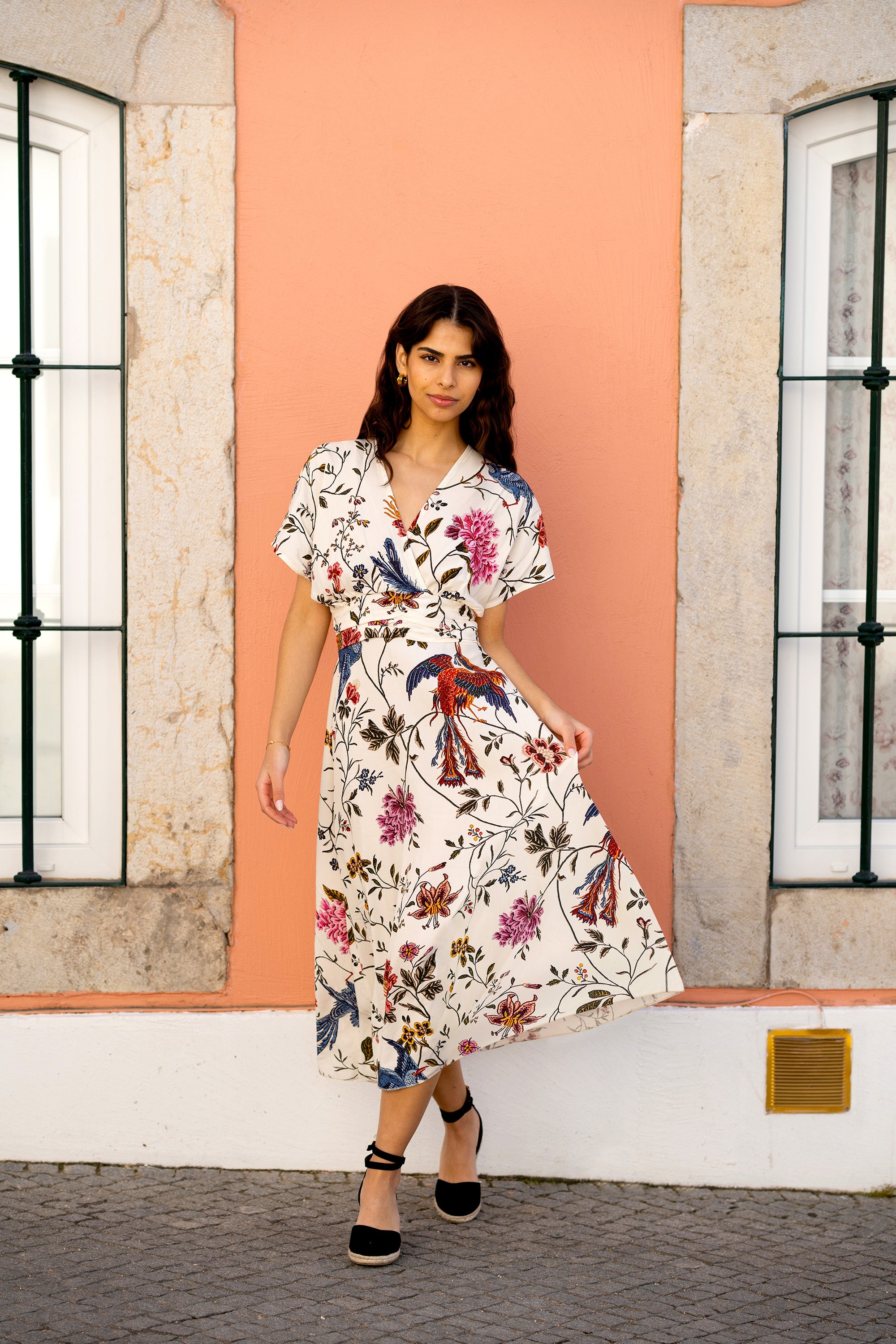 Bird Floral Print Ruched Waist Kimono Midi Dress