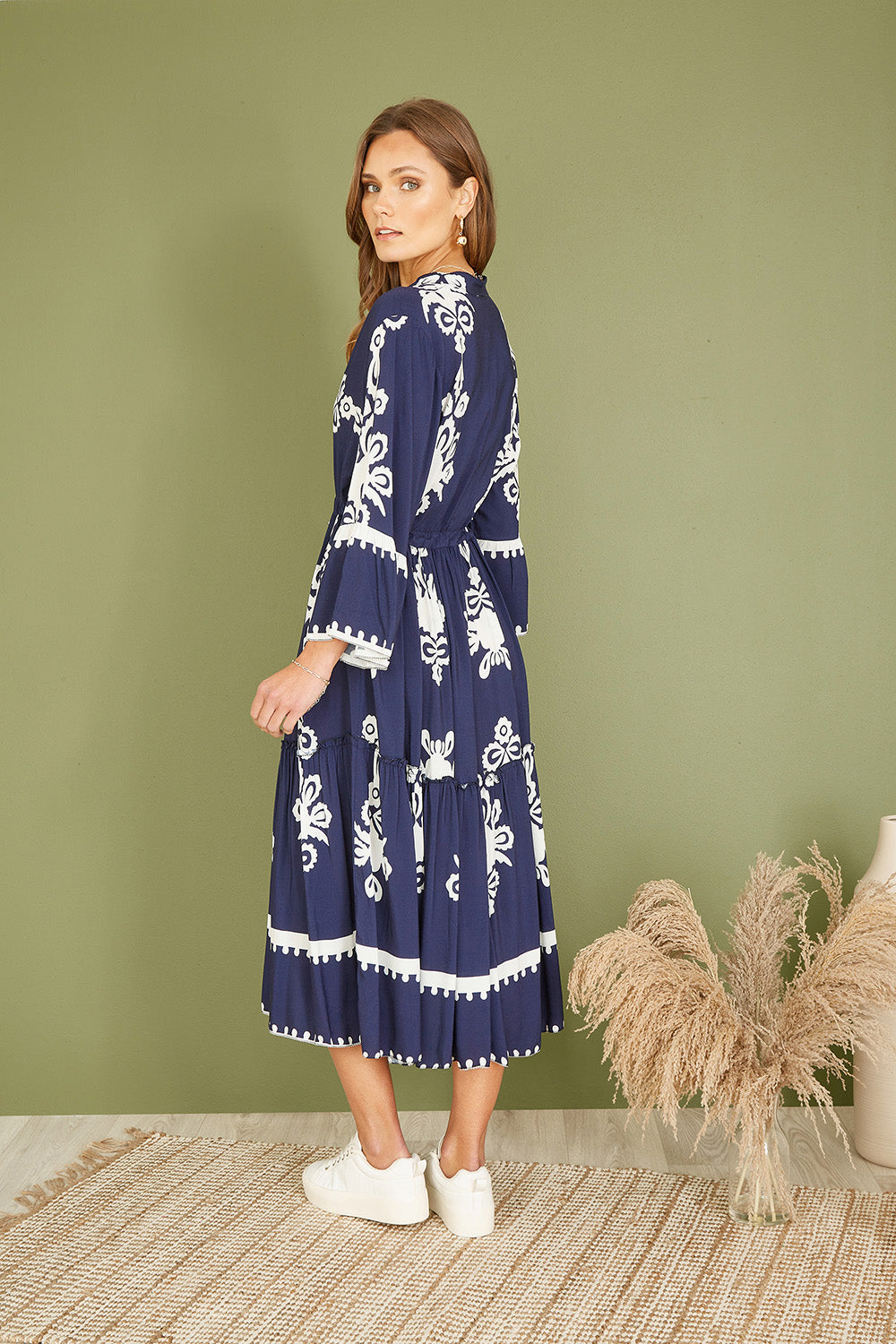 viscose midi dress uk Yumi Navy Viscose Midi Dress With Long Sleeves