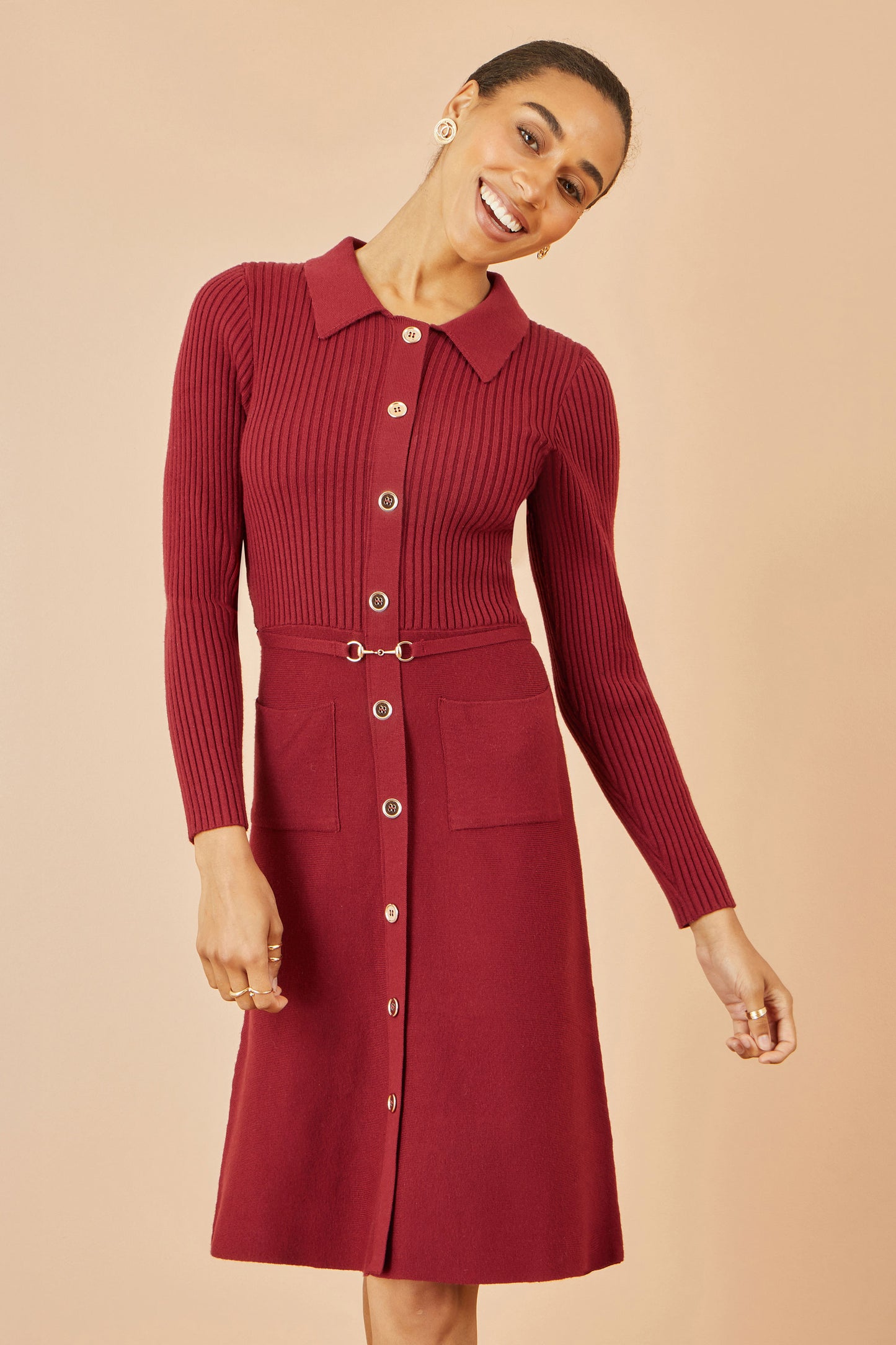 Yumi Burgundy Rib Knit Midi Shirt Dress With Snaffle Belt Knit Dress Yumi
