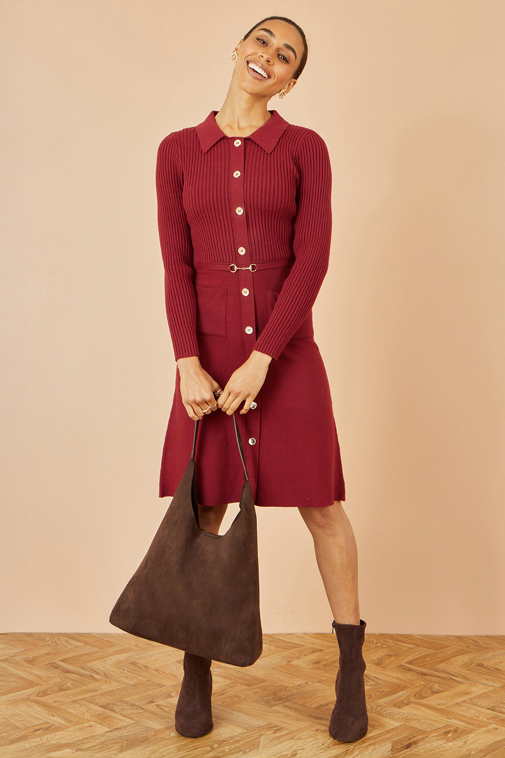 Yumi Burgundy Rib Knit Midi Shirt Dress With Snaffle Belt Knit Dress Yumi