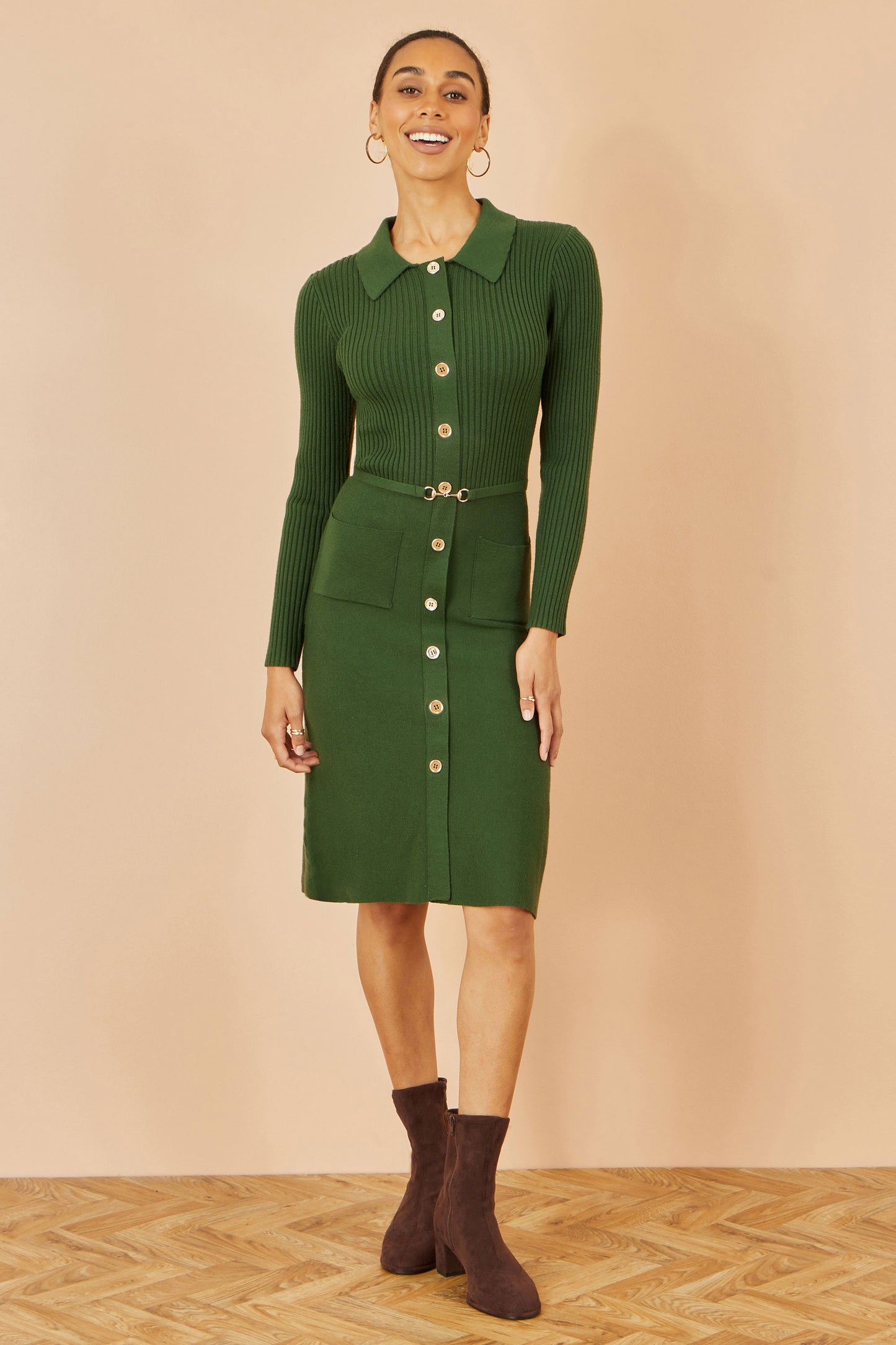 Yumi Green Rib Knit Midi Shirt Dress With Snaffle Belt Knit Dress Yumi