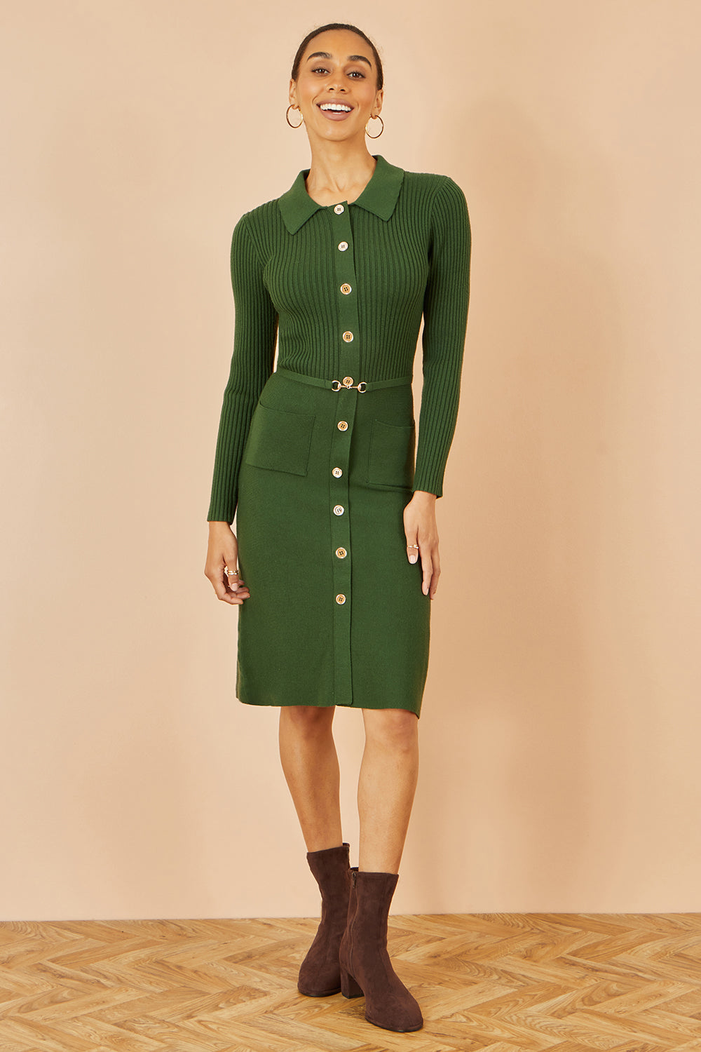 Yumi Green Rib Knit Midi Shirt Dress With Snaffle Belt Knit Dress Yumi
