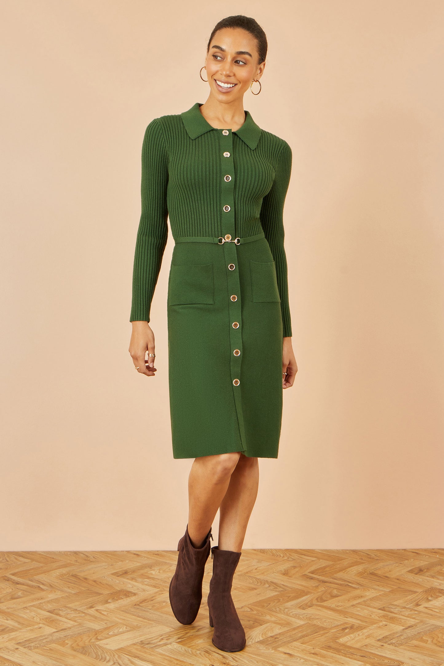 Yumi Green Rib Knit Midi Shirt Dress With Snaffle Belt Knit Dress Yumi