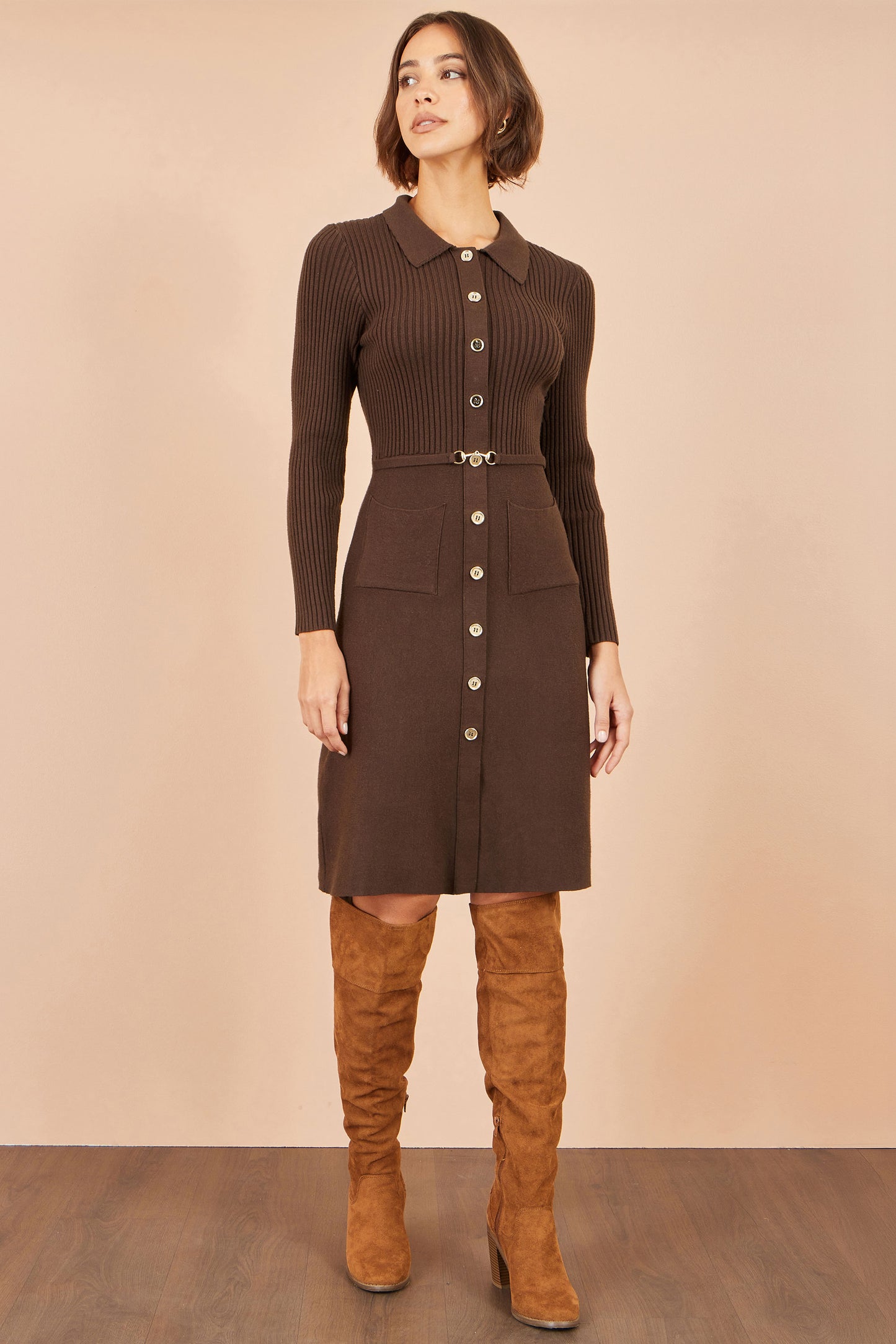 Yumi Brown Rib Knit Midi Shirt Dress With Snaffle Belt Knit Dress Yumi