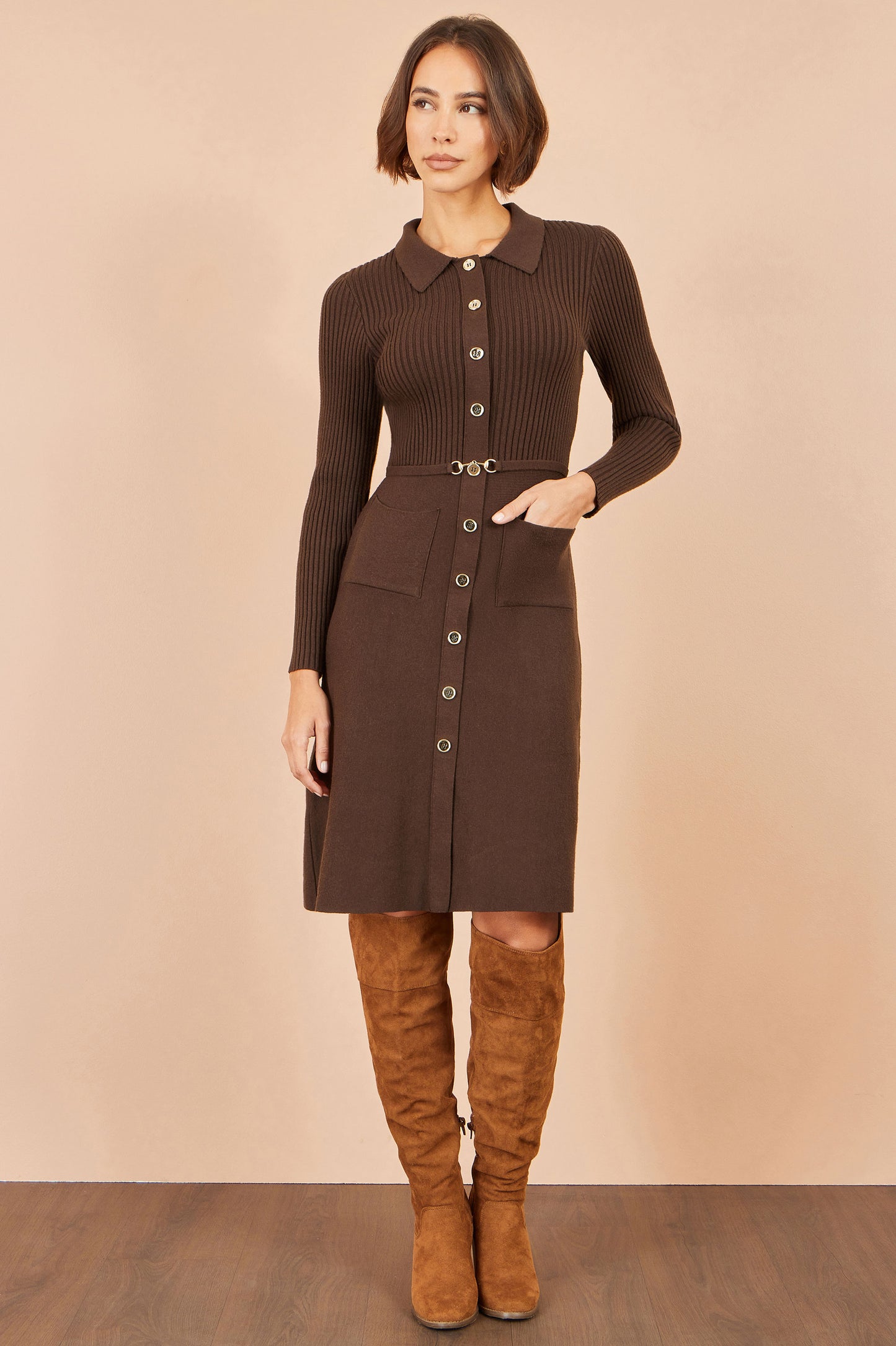 Yumi Brown Rib Knit Midi Shirt Dress With Snaffle Belt Knit Dress Yumi