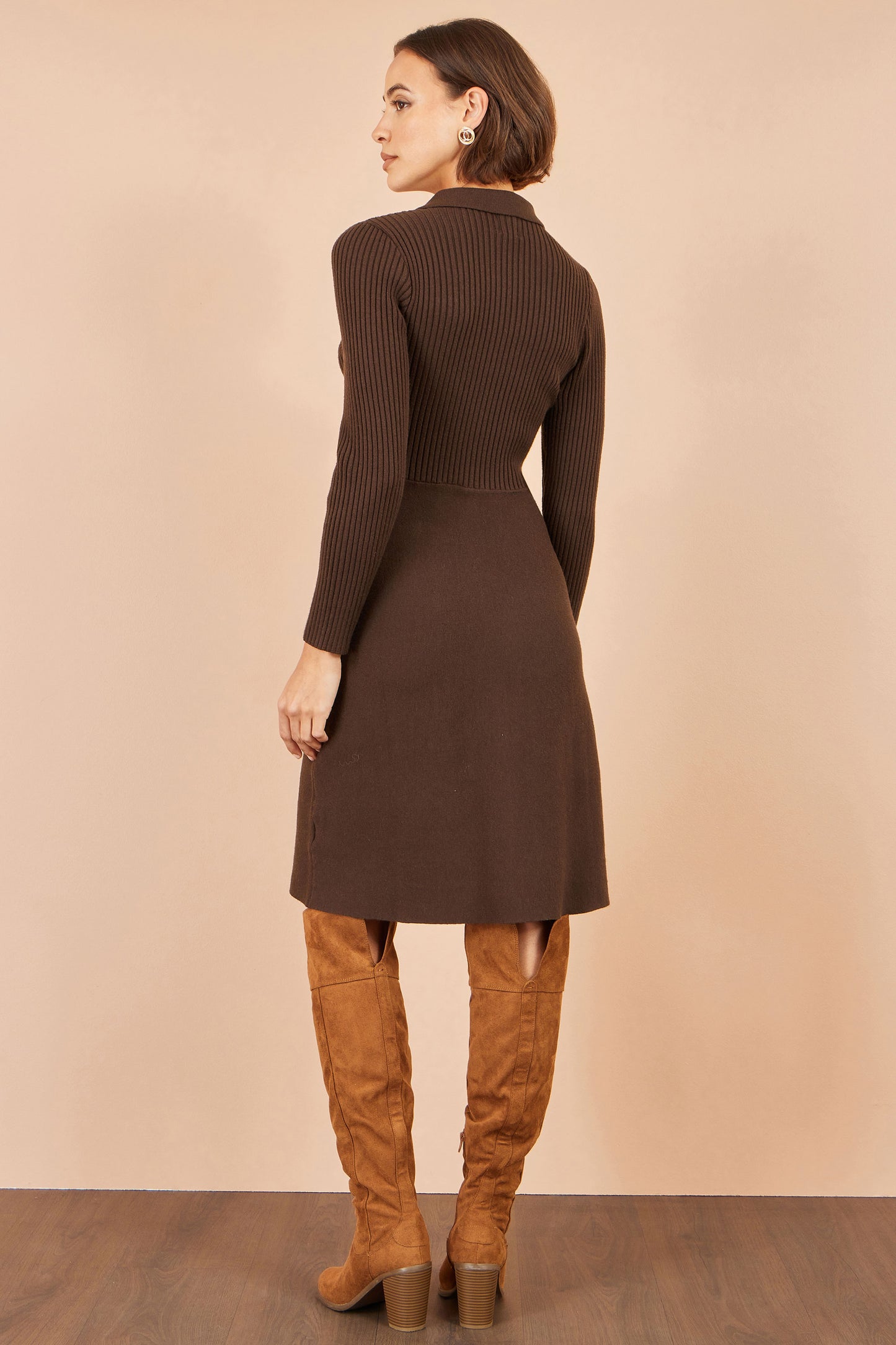 Yumi Brown Rib Knit Midi Shirt Dress With Snaffle Belt Knit Dress Yumi