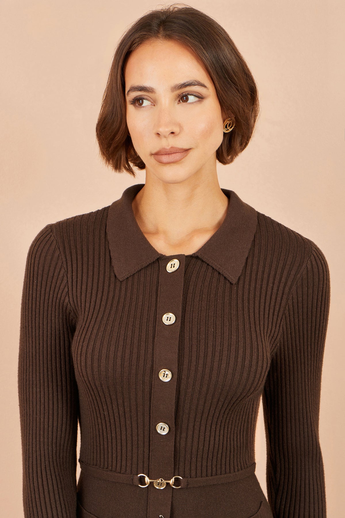 Yumi Brown Rib Knit Midi Shirt Dress With Snaffle Belt Knit Dress Yumi