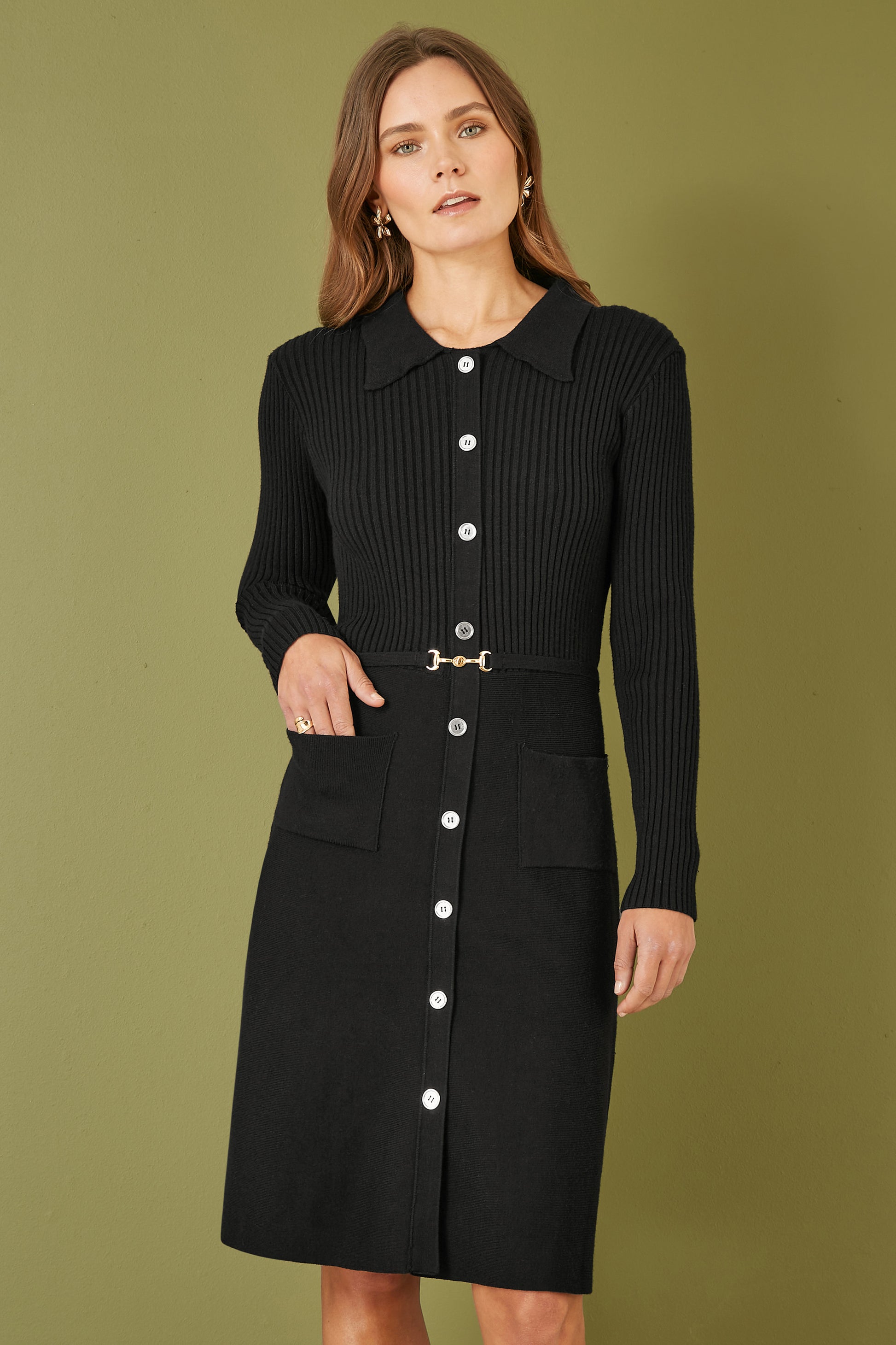 Yumi Black Rib Knit Midi Shirt Dress With Snaffle Belt Yumi