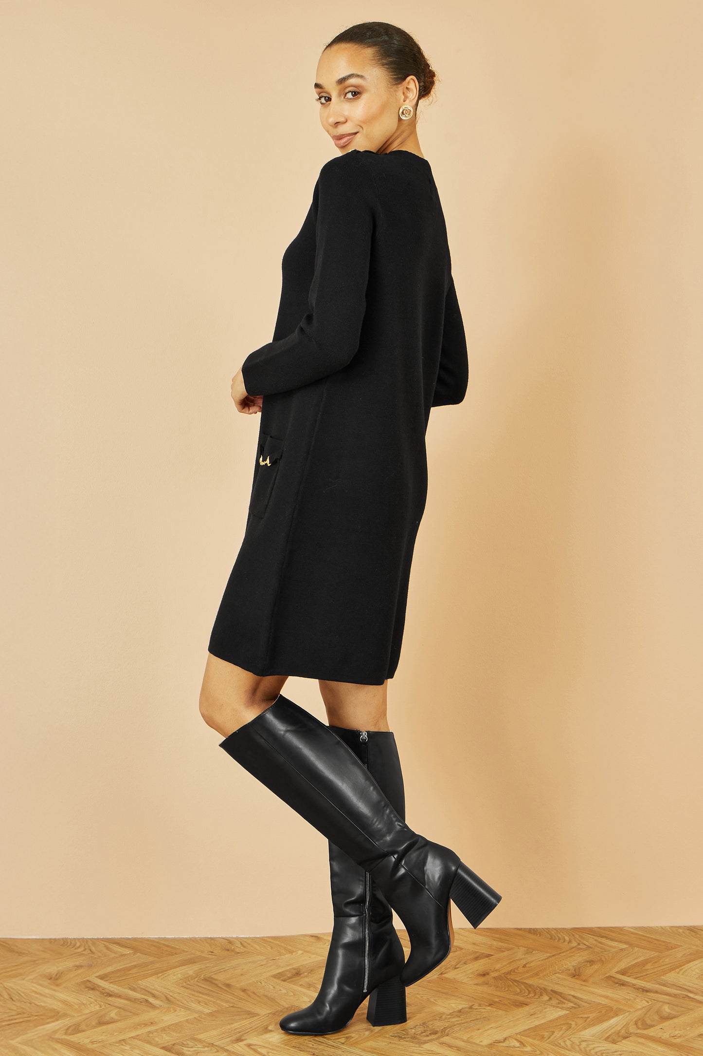 Yumi Black Knitted Tunic Dress With Gold Hardware Details Knit Dress Yumi