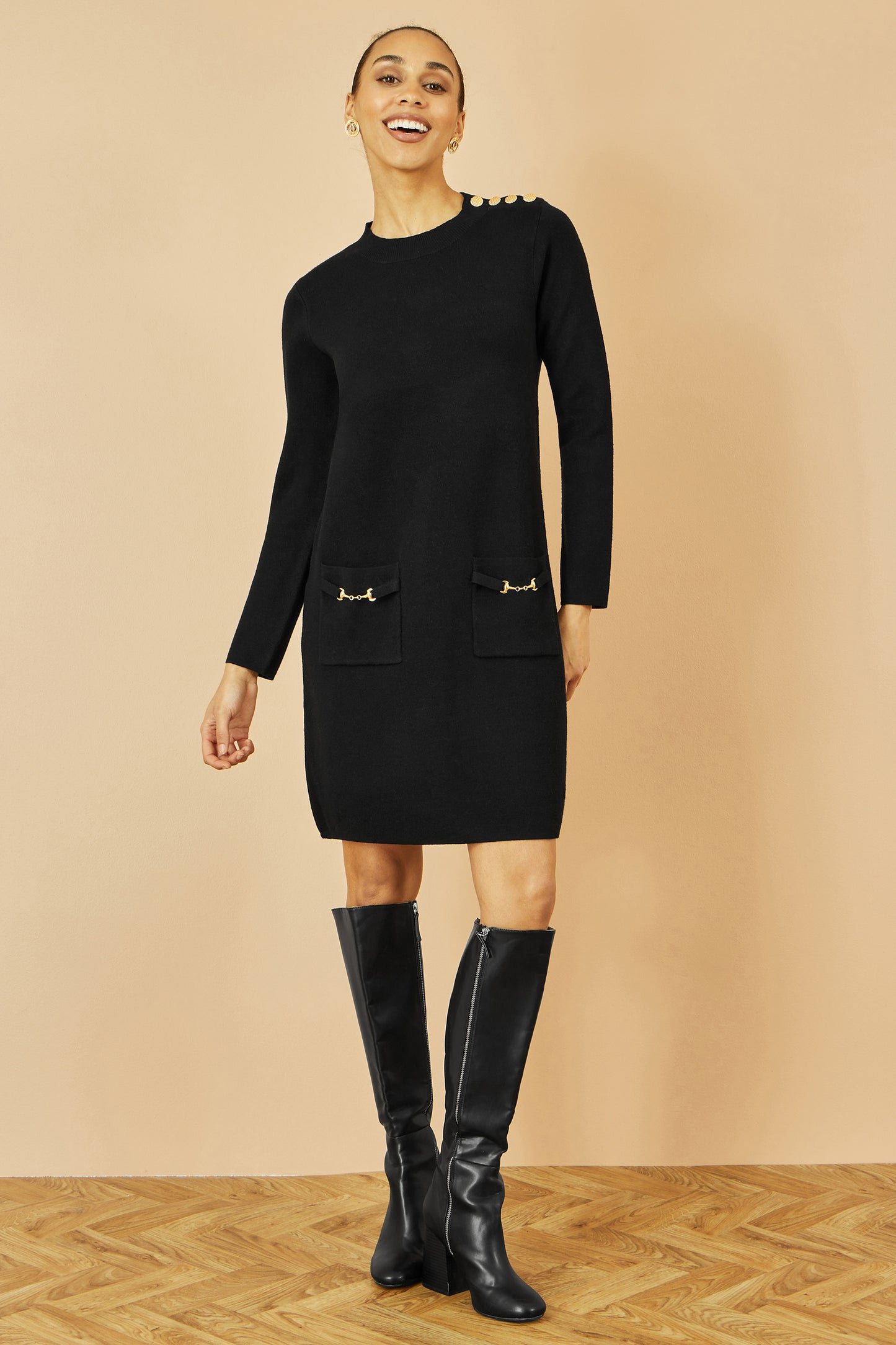 Yumi Black Knitted Tunic Dress With Gold Hardware Details Knit Dress Yumi