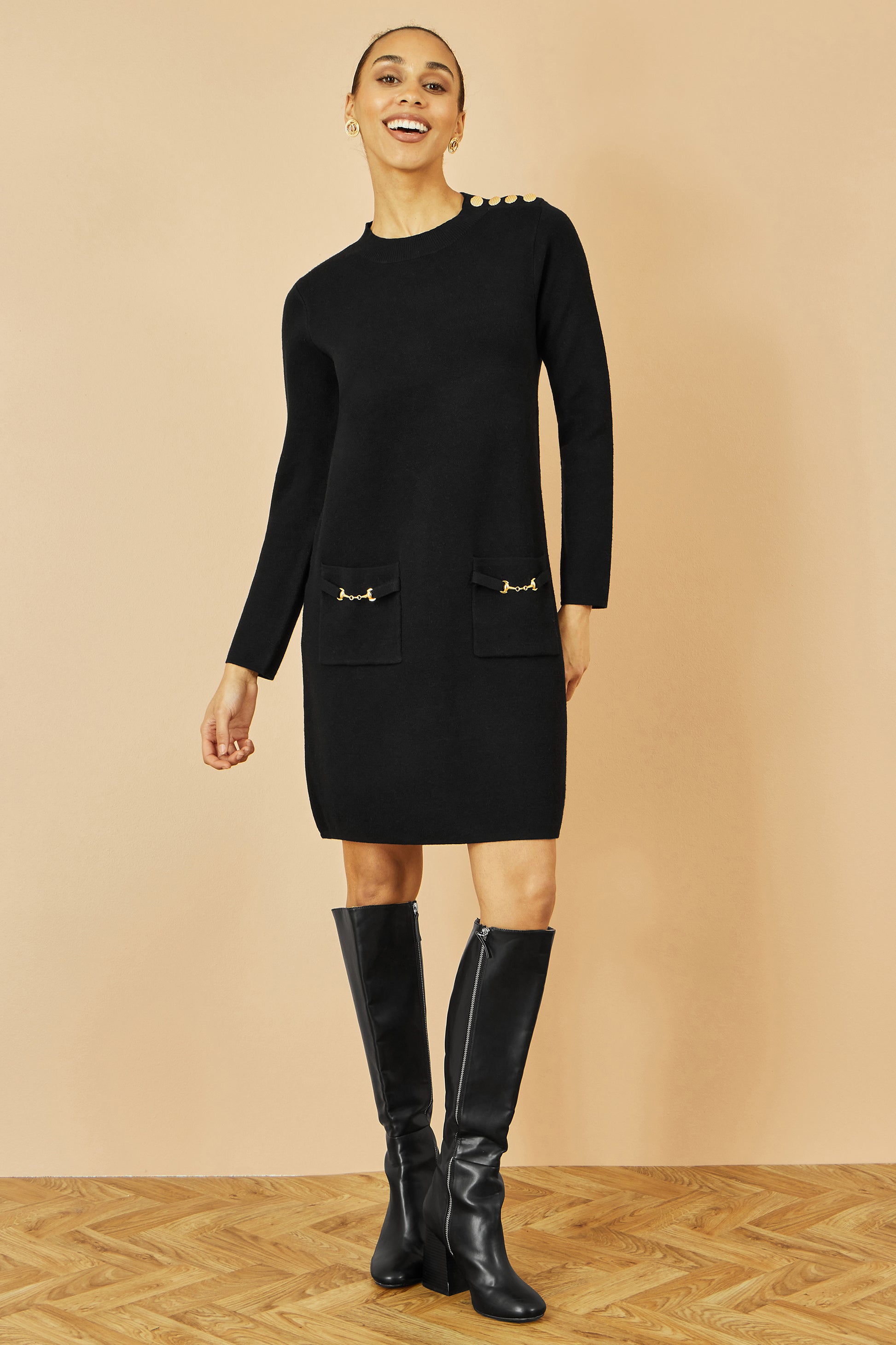 Yumi Black Knitted Tunic Dress With Gold Hardware Details Knit Dress Yumi
