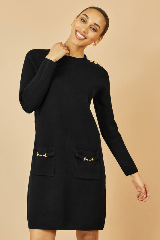 Yumi Black Knitted Tunic Dress With Gold Hardware Details Knit Dress Yumi