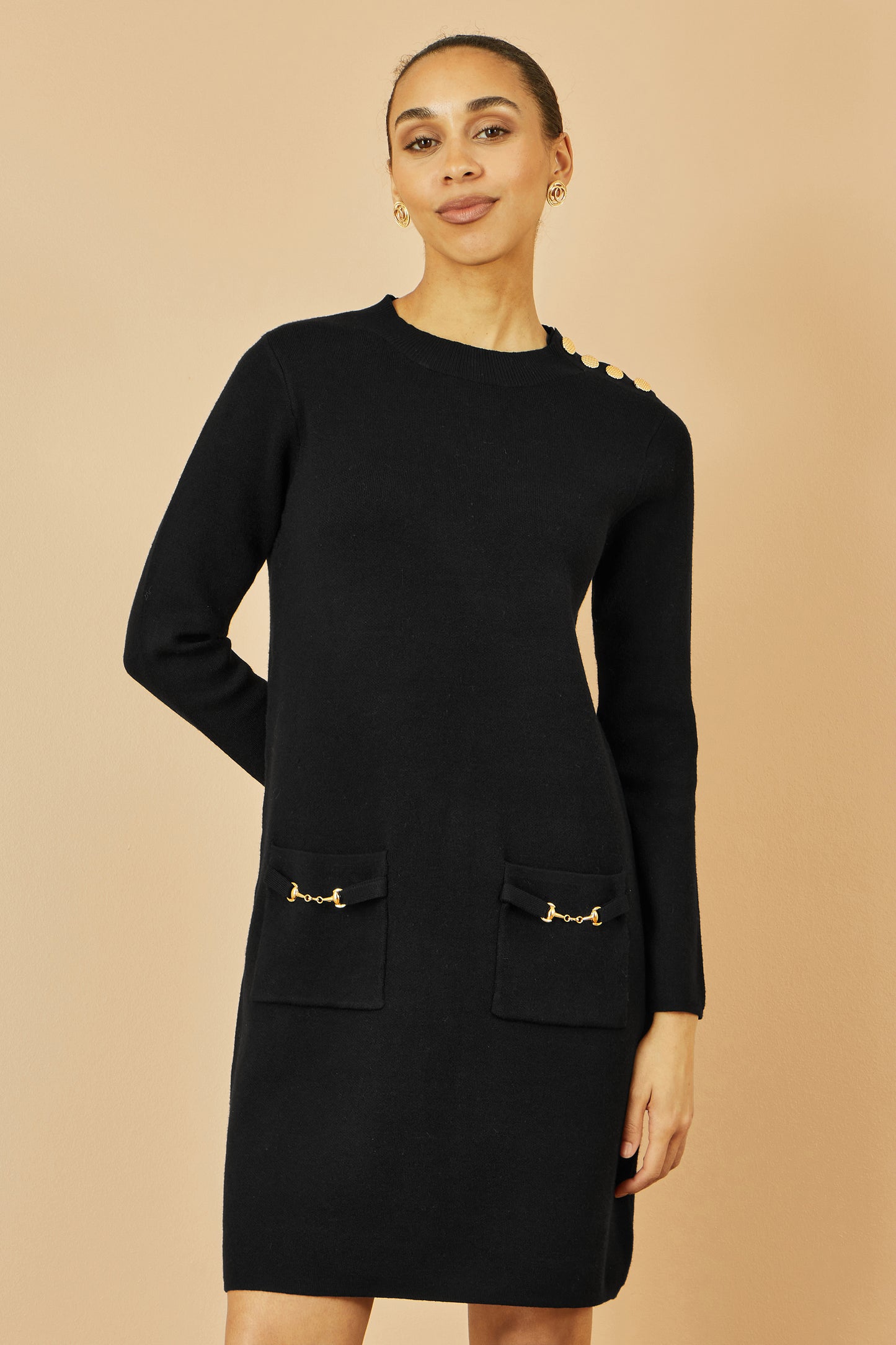 Yumi Black Knitted Tunic Dress With Gold Hardware Details Knit Dress Yumi