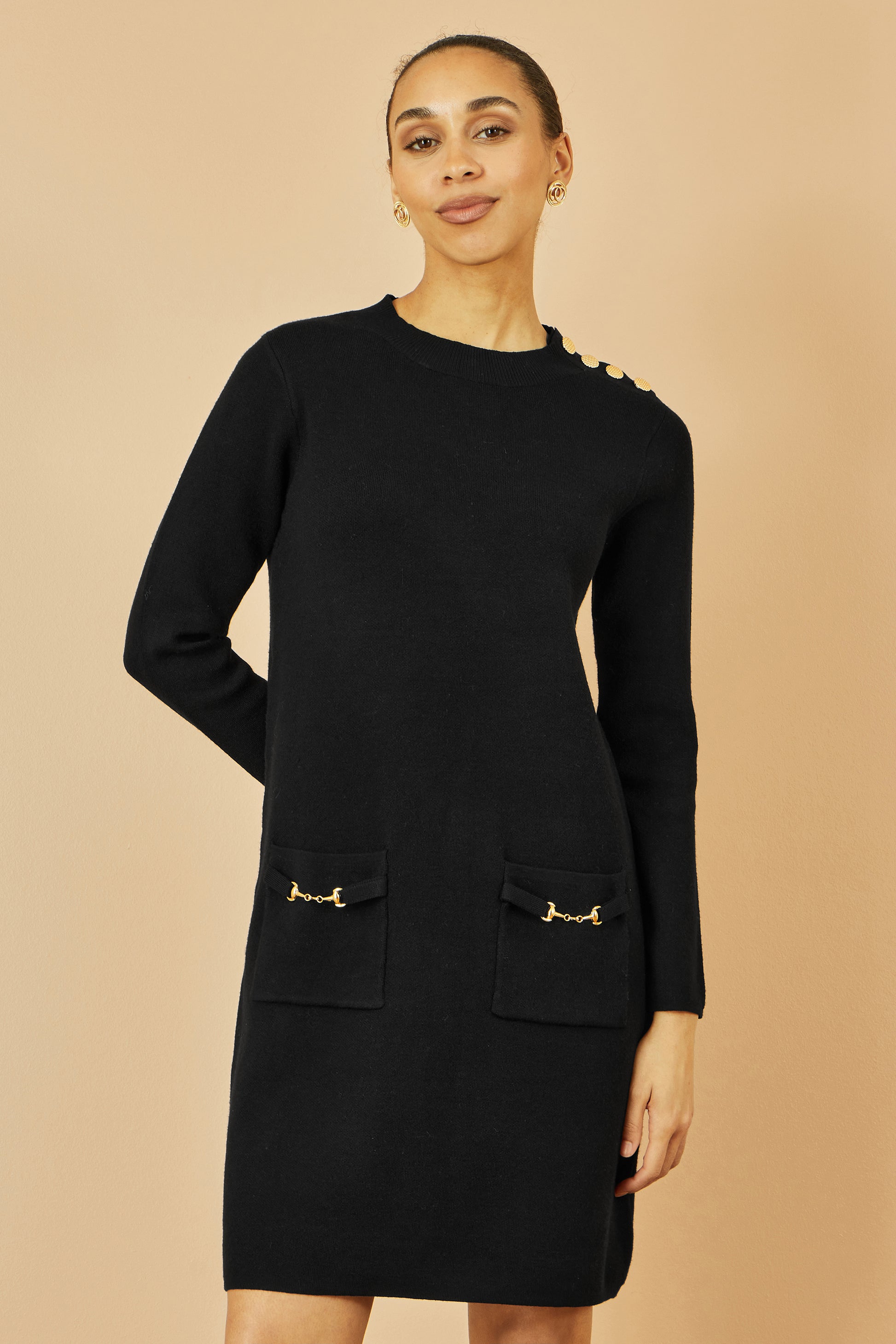 Yumi Black Knitted Tunic Dress With Gold Hardware Details Knit Dress Yumi