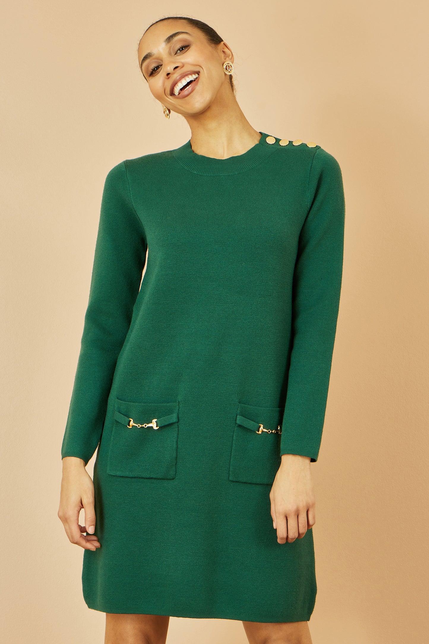 Yumi Green Knitted Tunic Dress With Gold Hardware Details Knit Dress Yumi