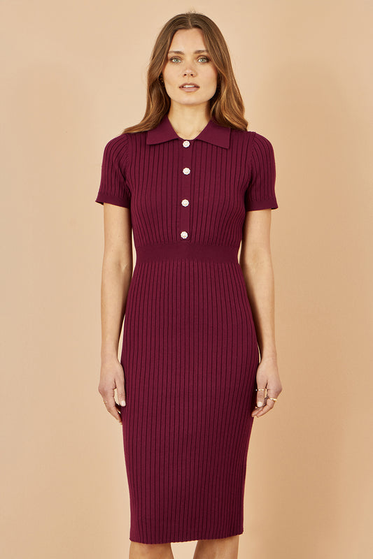 Yumi Burgundy Fitted Rib Knitted Midi Dress With Daisy Buttons Knit Dress Yumi