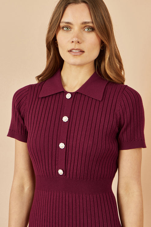 Yumi Black Fitted Rib Knitted Midi Dress With Daisy Buttons main image 1
