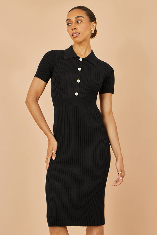Yumi Black Fitted Rib Knitted Midi Dress With Daisy Buttons Knit Dress Yumi