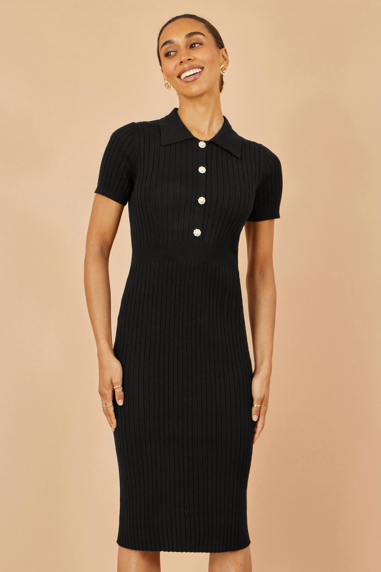 Yumi Black Fitted Rib Knitted Midi Dress With Daisy Buttons Knit Dress Yumi