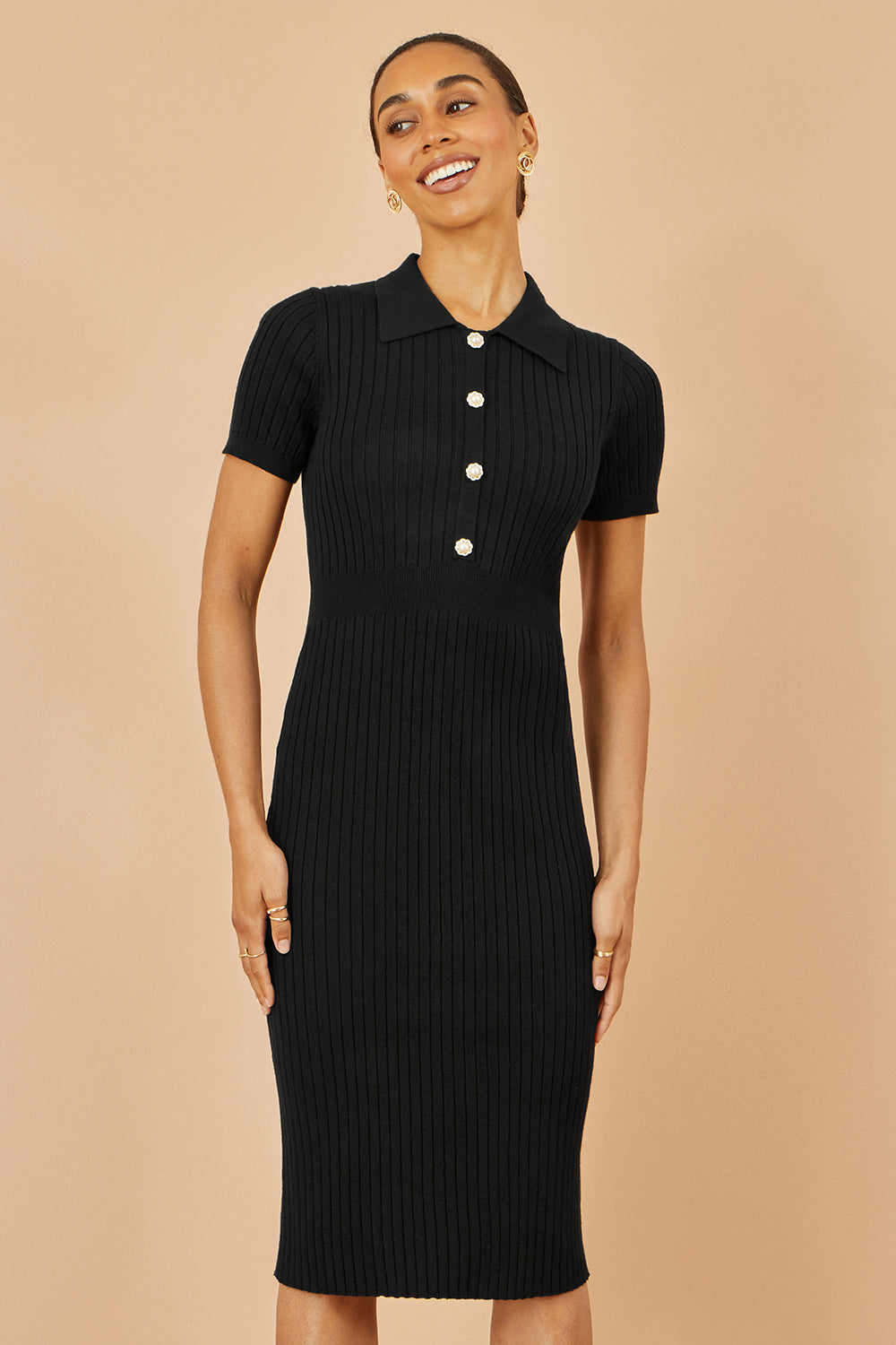 Yumi Black Fitted Rib Knitted Midi Dress With Daisy Buttons | Yumi Yumi Black Fitted Rib Knitted Midi Dress With Daisy Buttons | Yumi